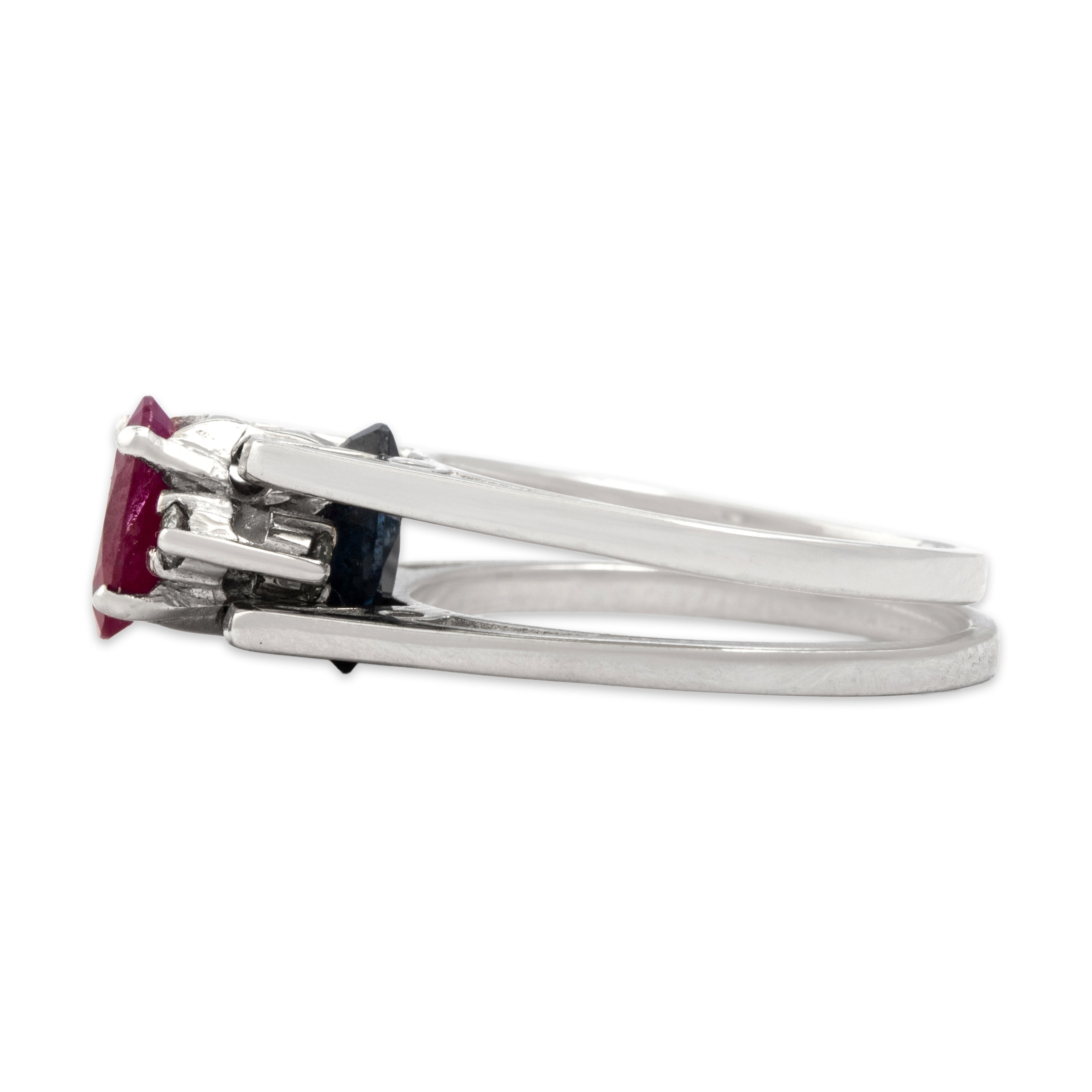 Vintage 18k White Gold Blue Sapphire Ruby Diamond Unusual Double-Sided Flipping Ring - Side view