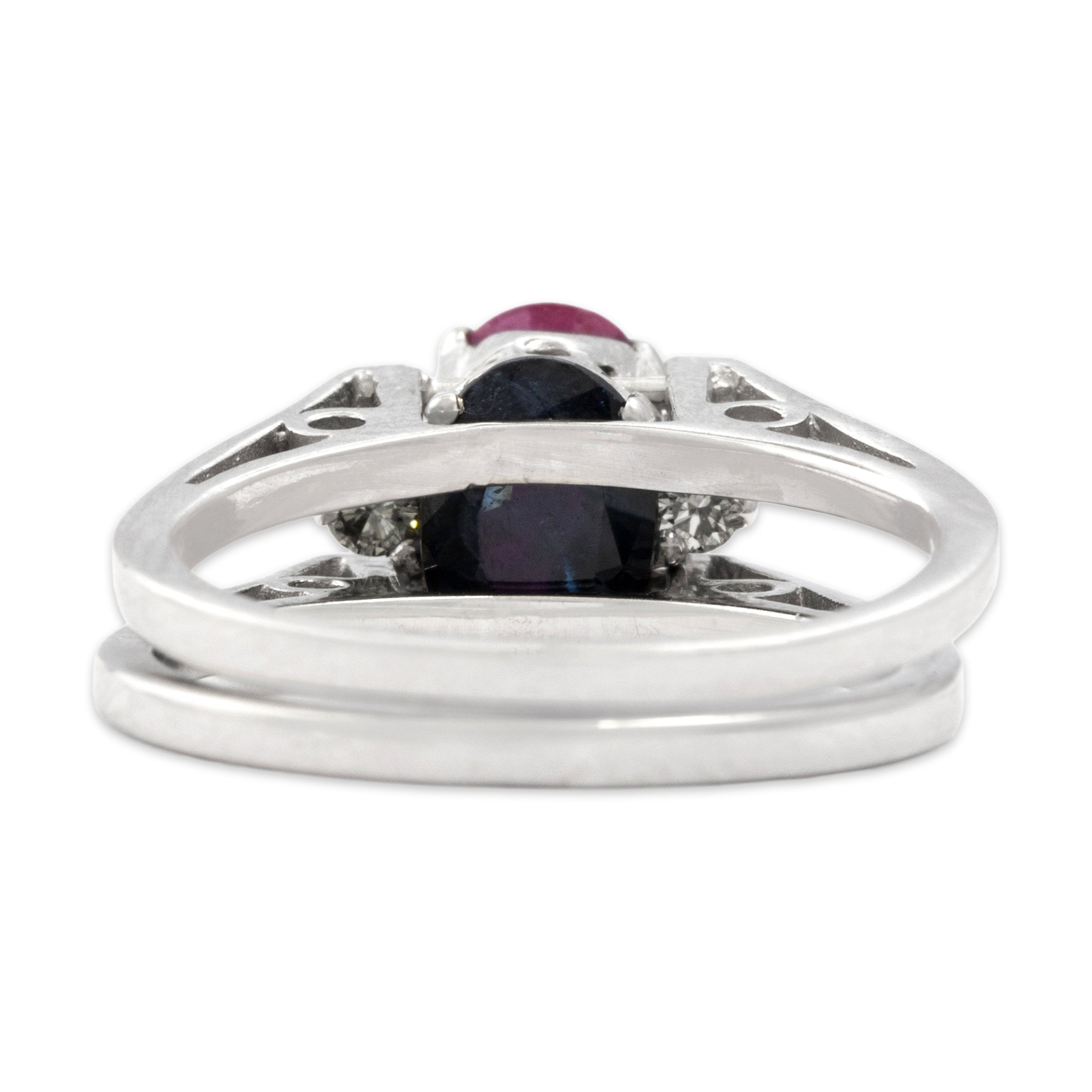 Vintage 18k White Gold Blue Sapphire Ruby Diamond Unusual Double-Sided Flipping Ring - detail view #4