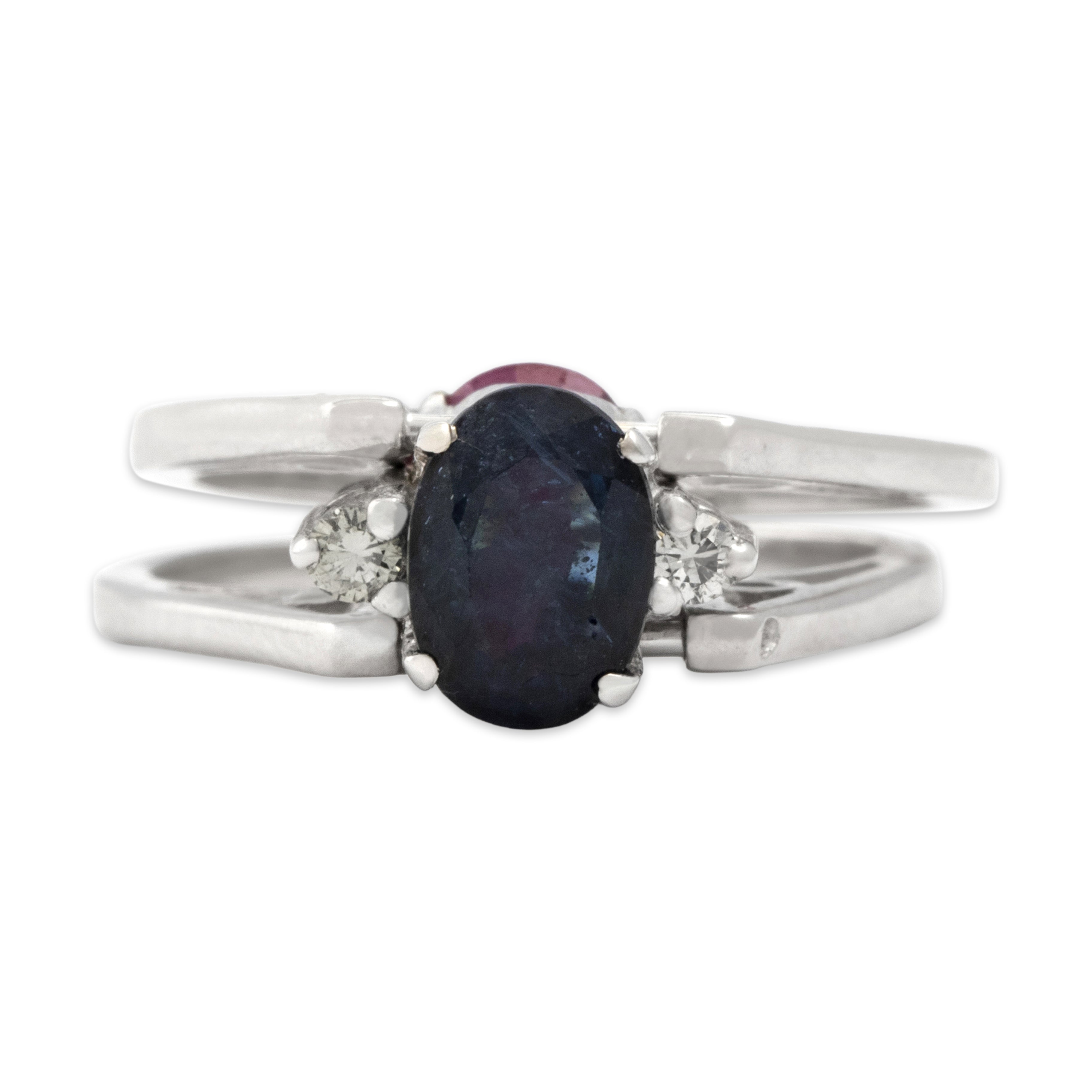 Vintage 18k White Gold Blue Sapphire Ruby Diamond Unusual Double-Sided Flipping Ring - Overall view