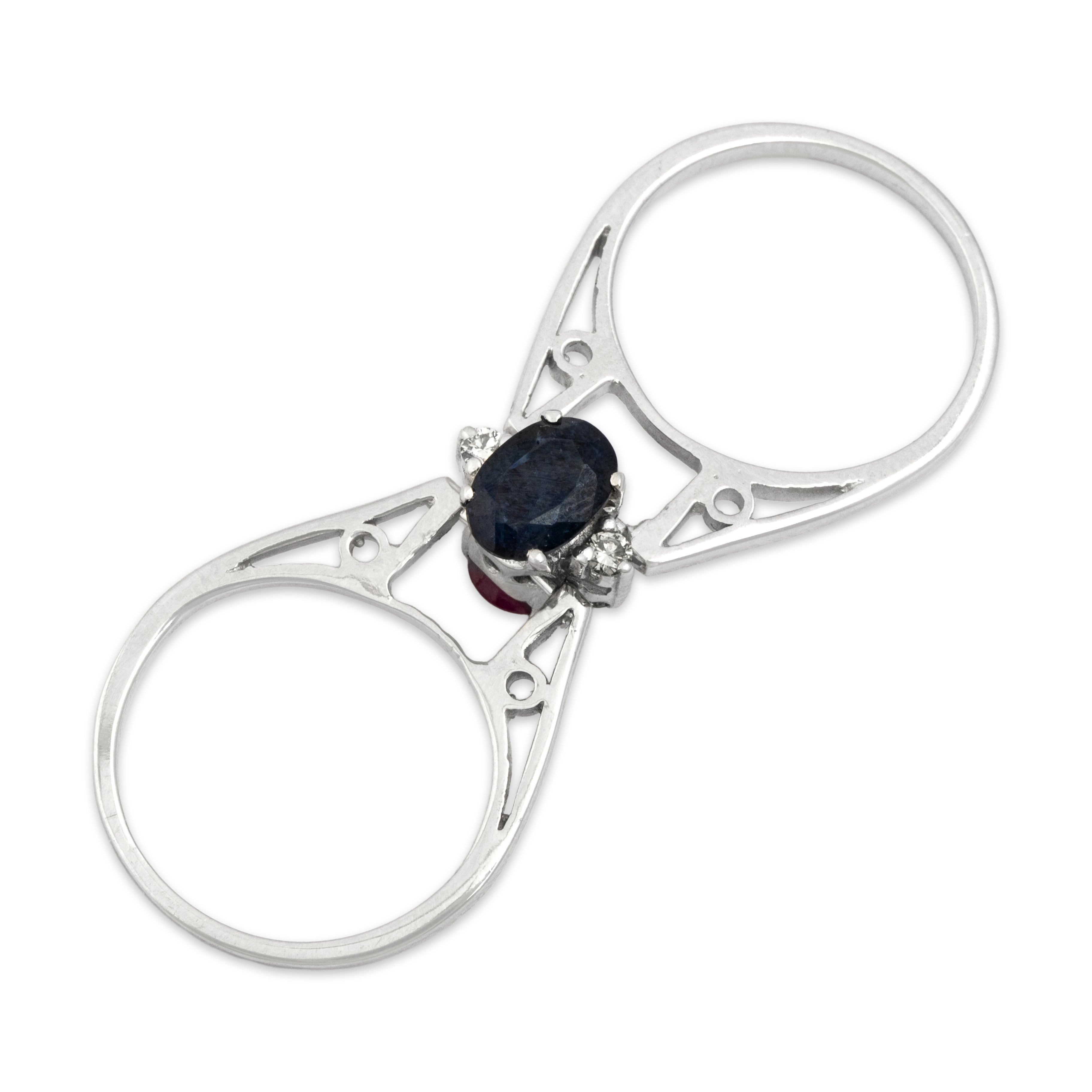 Vintage 18k White Gold Blue Sapphire Ruby Diamond Unusual Double-Sided Flipping Ring - detail view #2