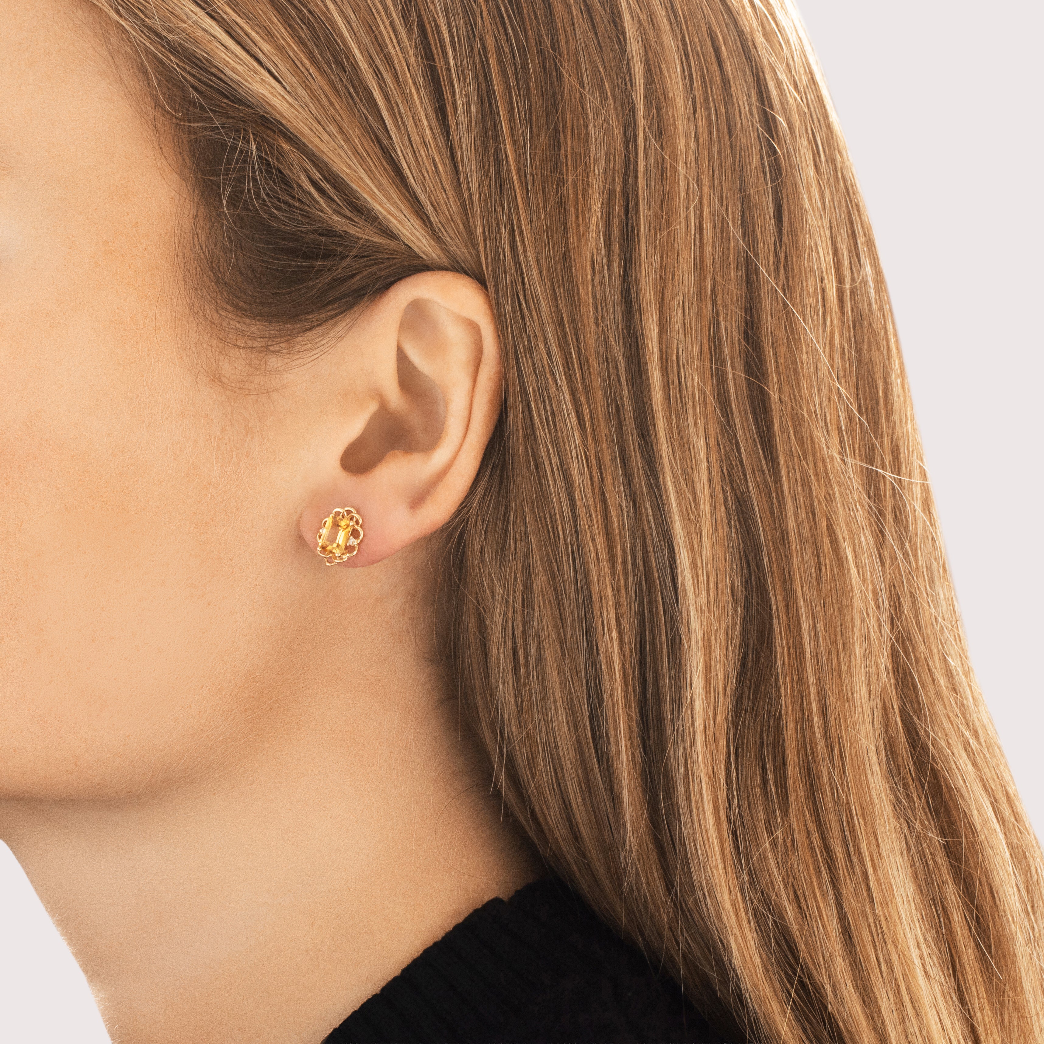 Vintage 14k Yellow Gold 1.8cttw Citrine Diamond Sunny Scalloped Emerald-Cut Stud Earrings - On model view