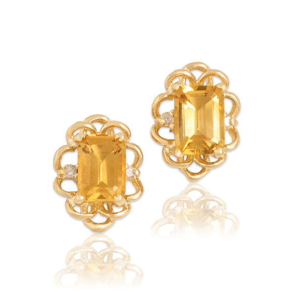 Vintage 14k Yellow Gold 1.8cttw Citrine Diamond Scalloped Emerald-Cut Earrings