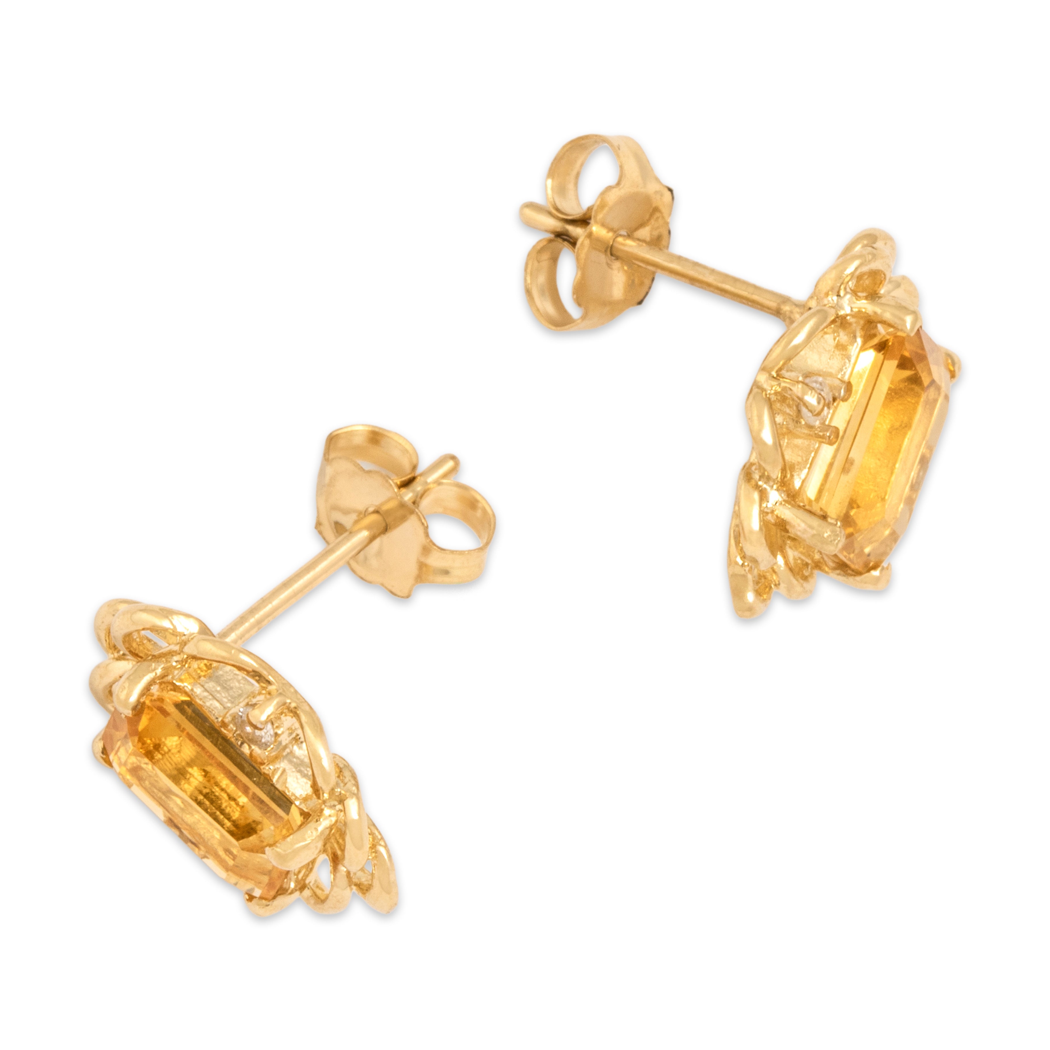 Vintage 14k Yellow Gold 1.8cttw Citrine Diamond Sunny Scalloped Emerald-Cut Stud Earrings - Side view