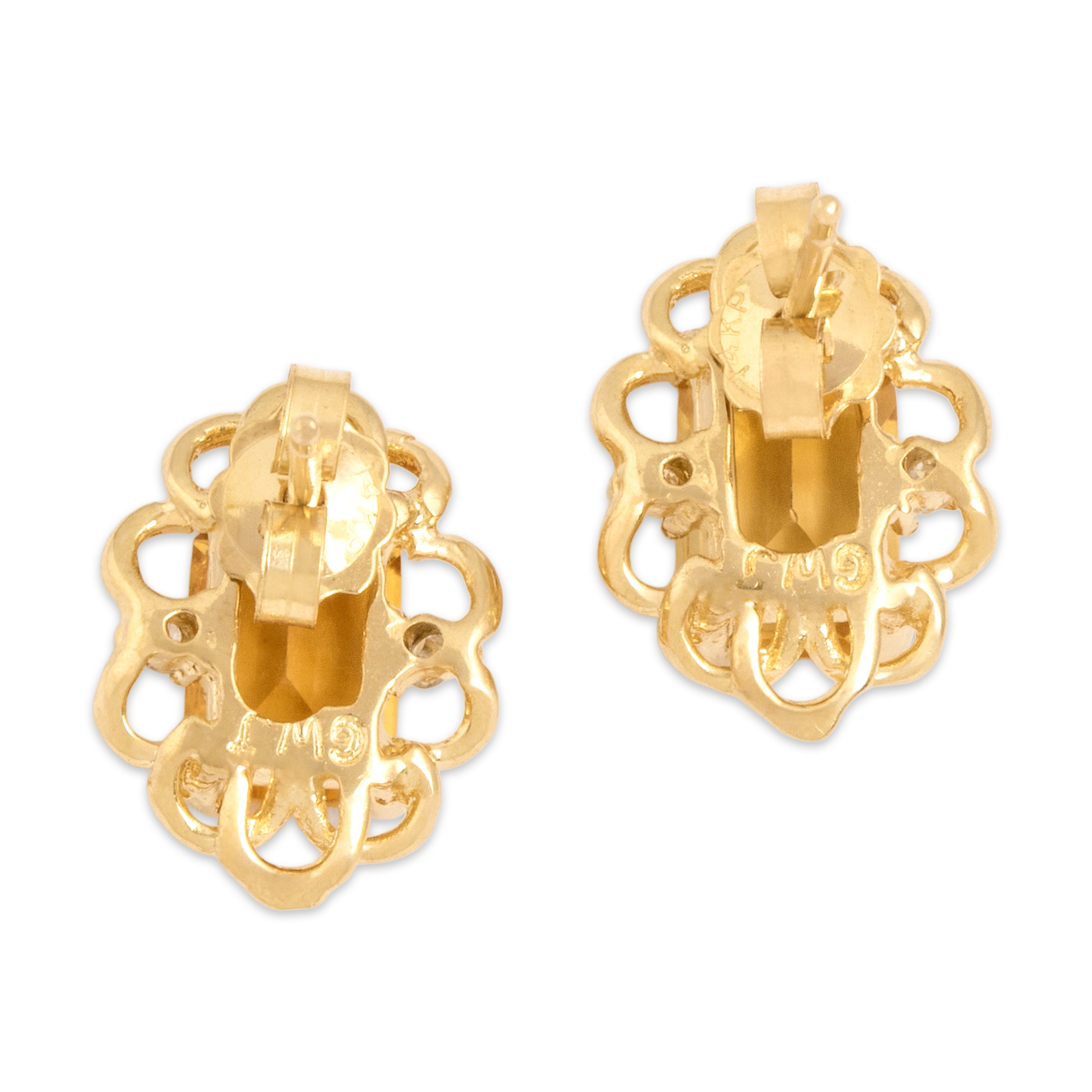 Vintage 14k Yellow Gold 1.8cttw Citrine Diamond Sunny Scalloped Emerald-Cut Stud Earrings - Back view
