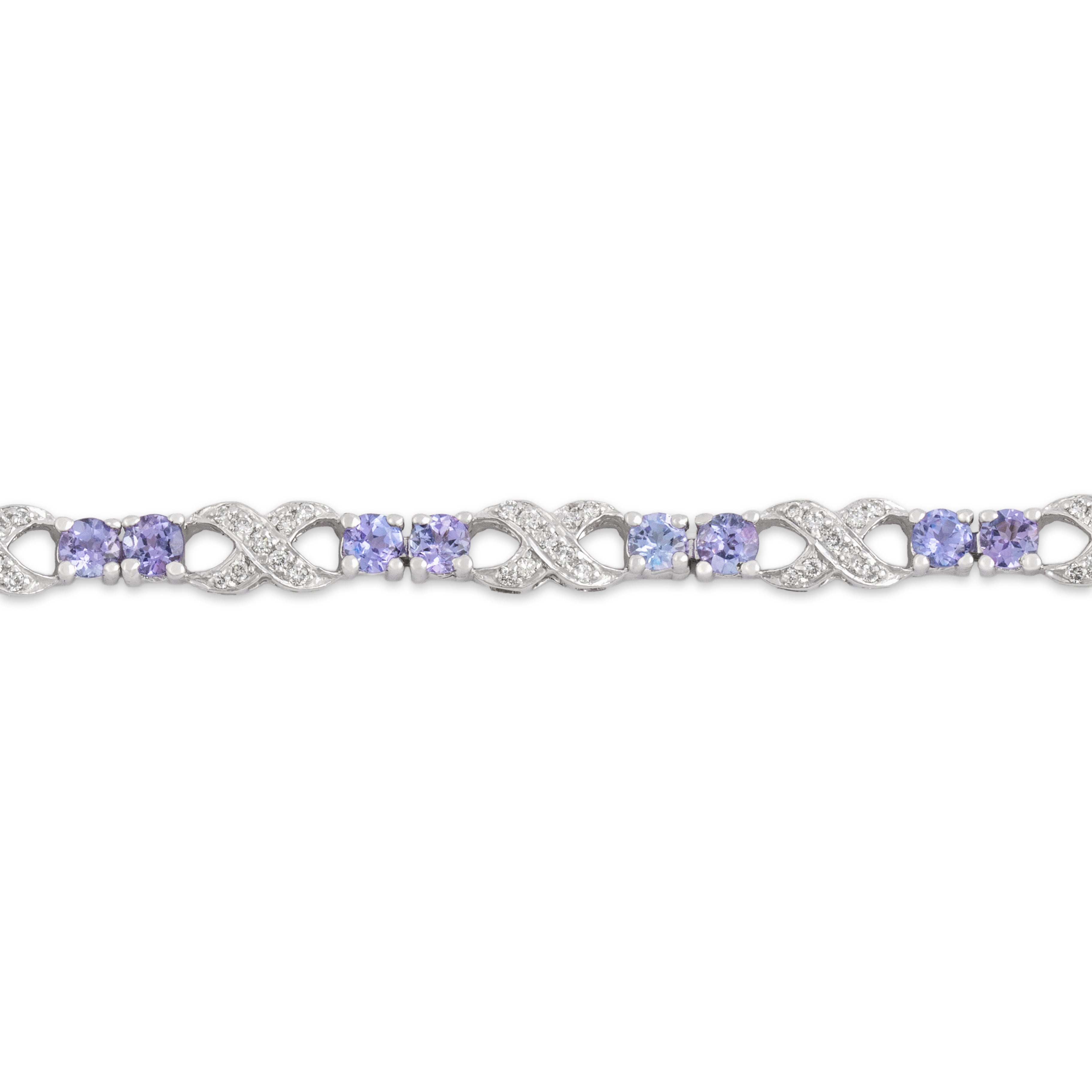 Vintage 14k White Gold 2.48cttw Tanzanite Diamond Crossover Alternating Line Bracelet - Close-up view