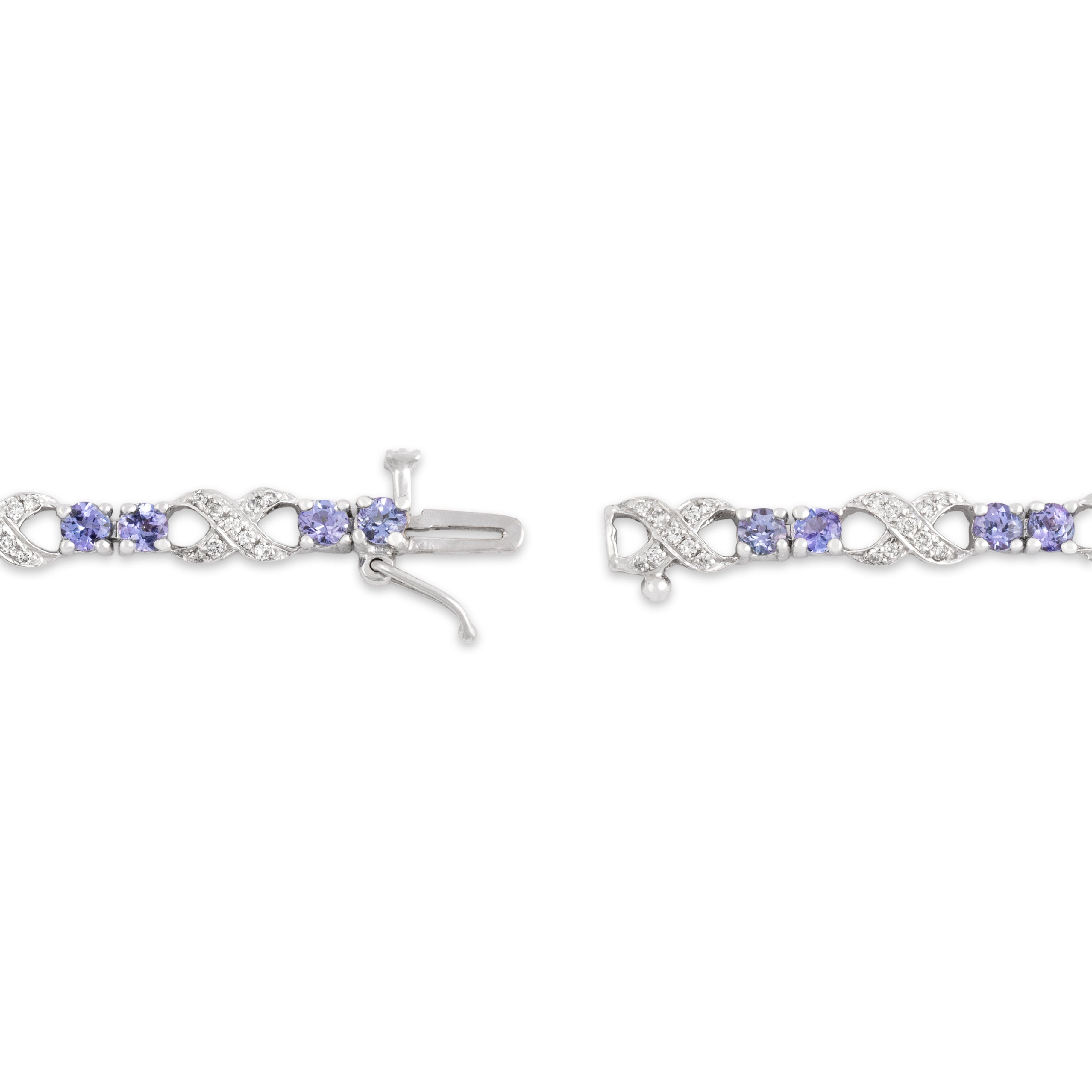 Vintage 14k White Gold 2.48cttw Tanzanite Diamond Crossover Alternating Line Bracelet - clasp view