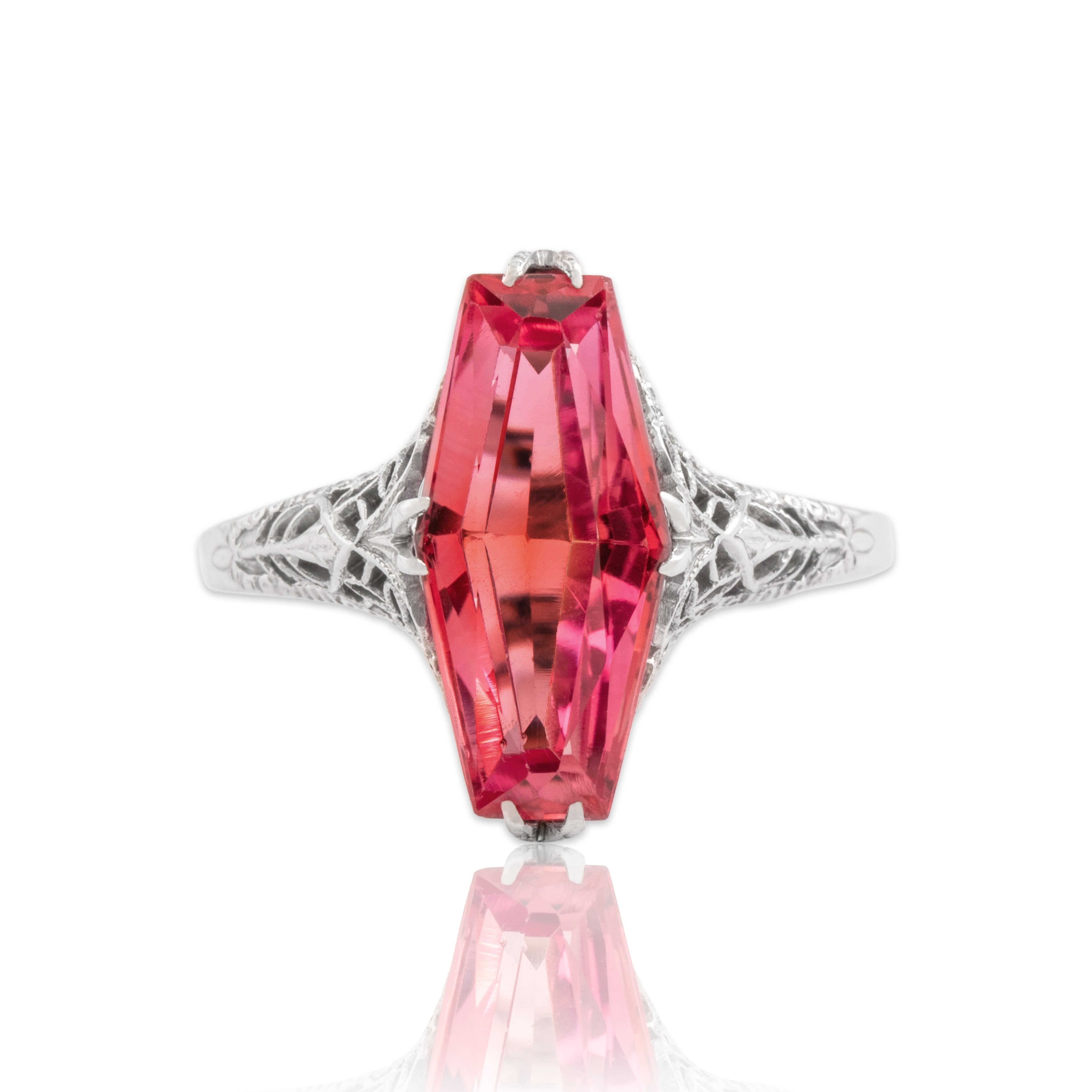 Antique Art Deco 14k White Gold 3.15ct Scarlet Synthetic Sapphire Ring 7.50