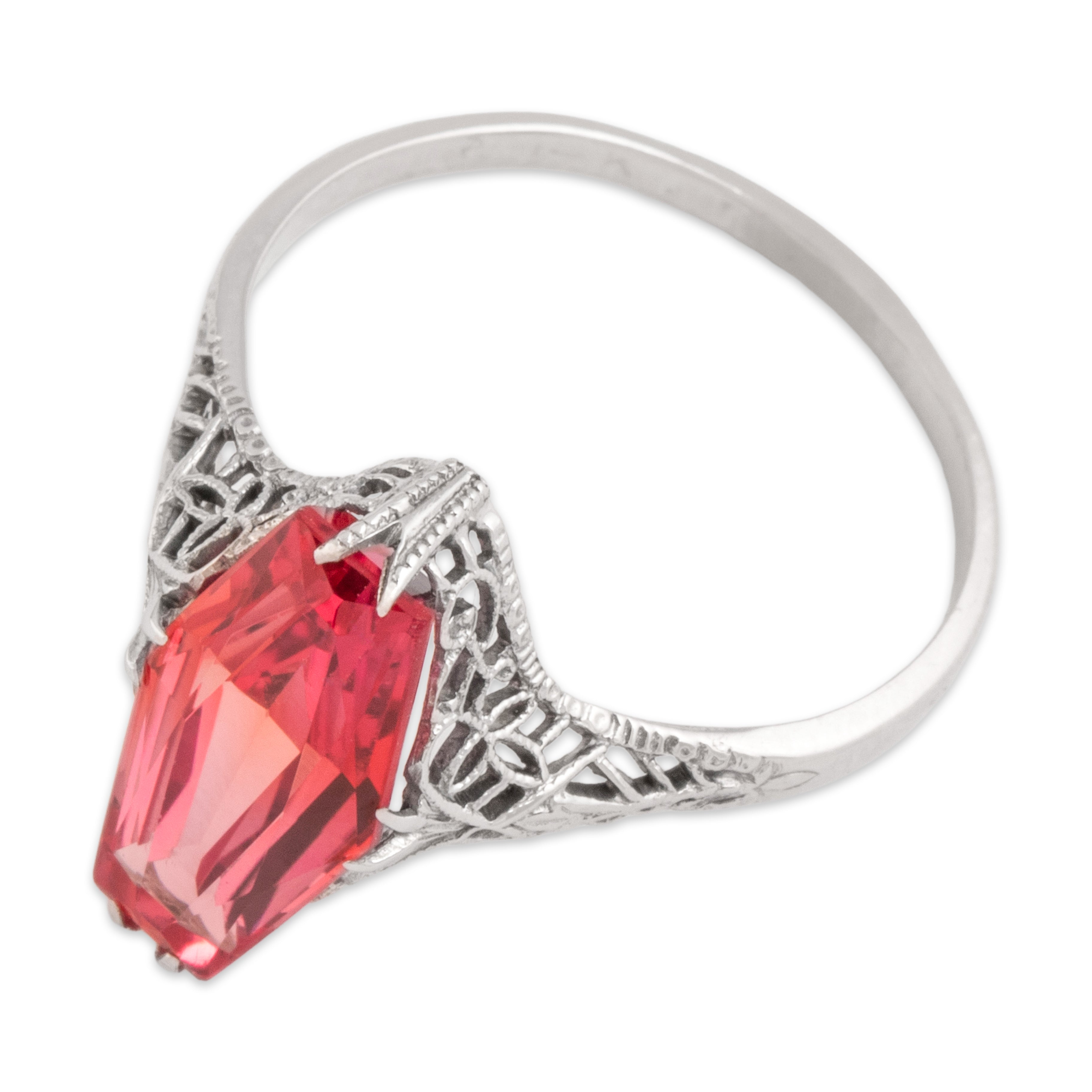 Antique Art Deco 14k White Gold 3.15ct Scarlet Synthetic Sapphire Vibrant Coffin Openwork Ring - Overall view