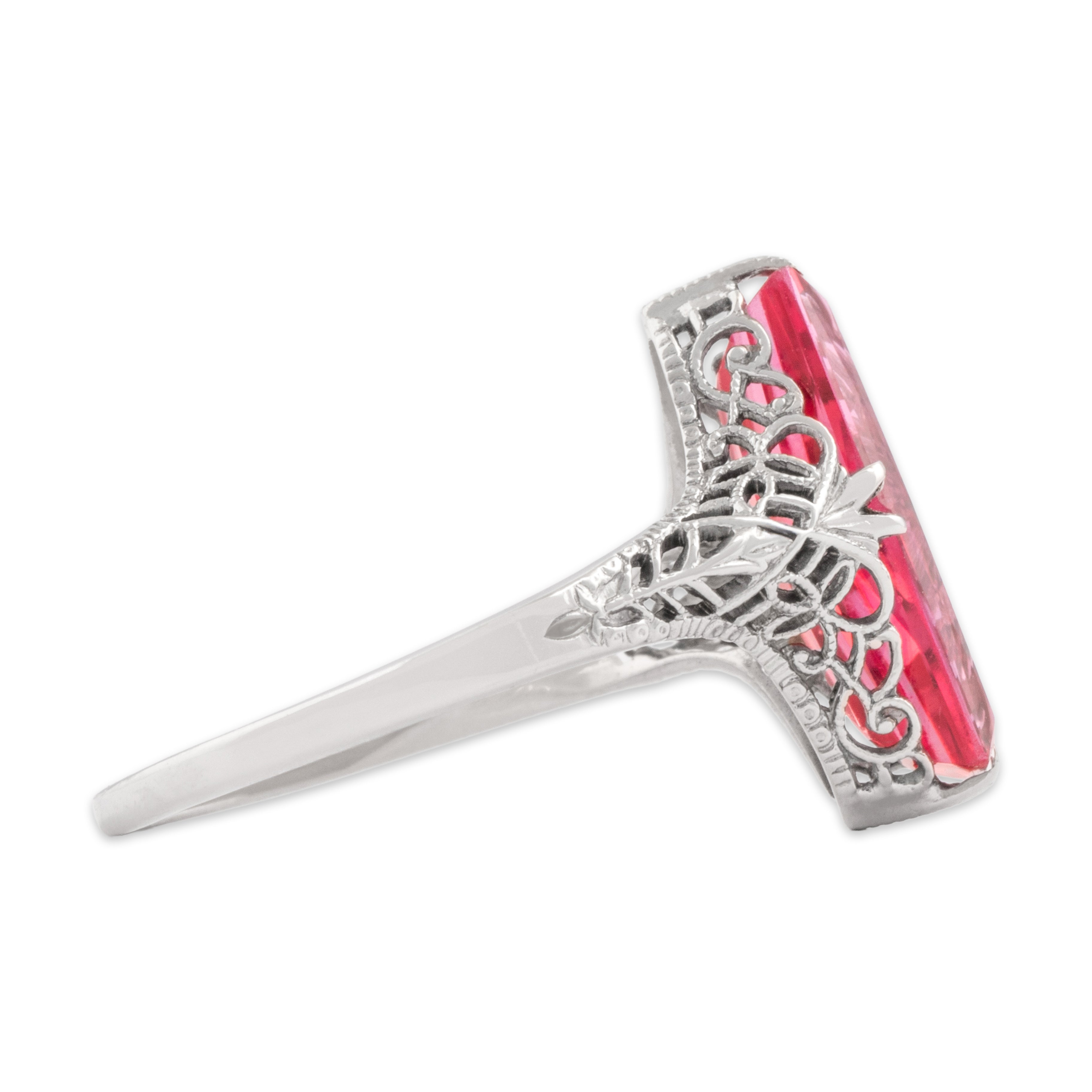 Antique Art Deco 14k White Gold 3.15ct Scarlet Synthetic Sapphire Vibrant Coffin Openwork Ring - Side view