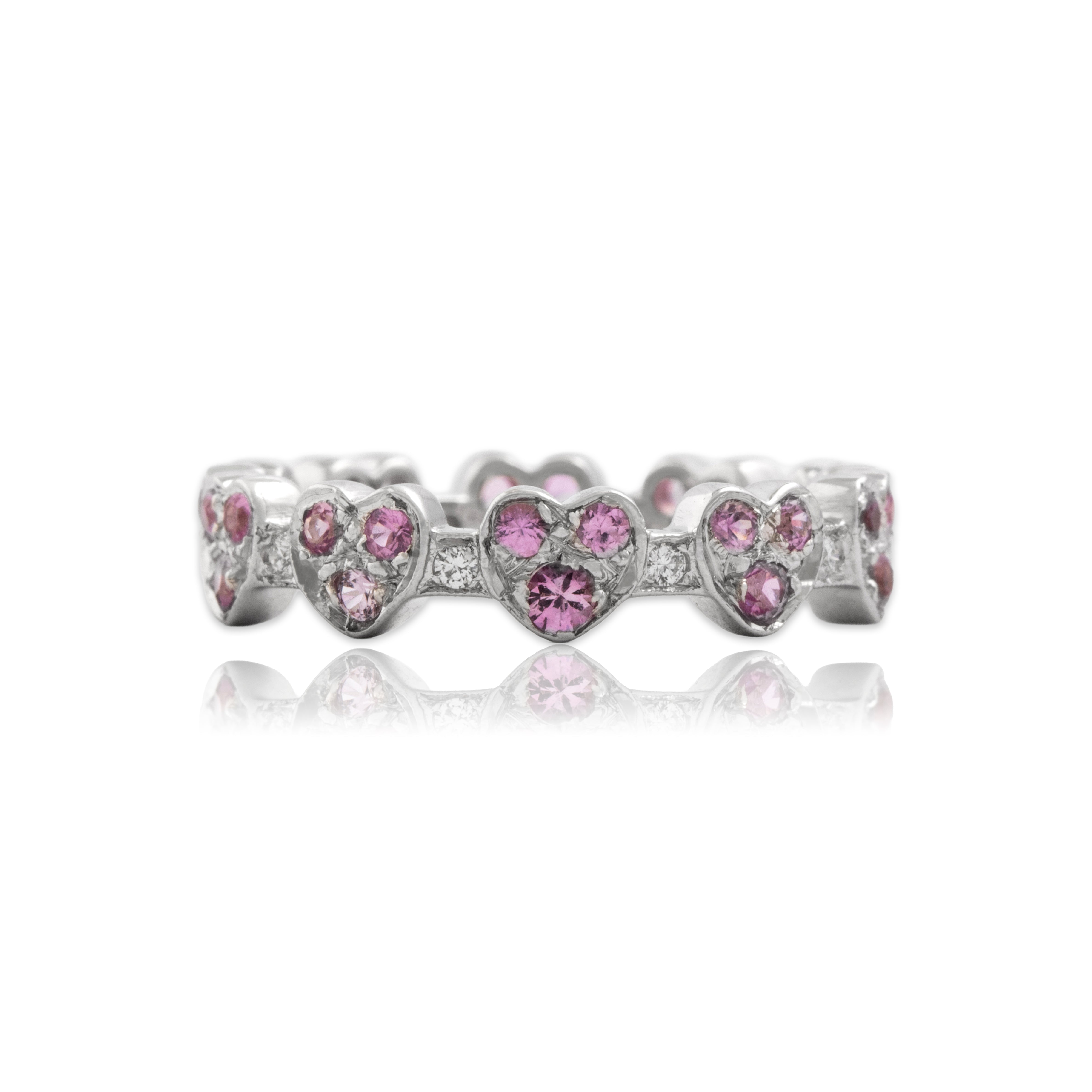 Vintage 18k White Gold .6cttw Pink Sapphire Diamond Sweetheart Eternity Band Ring - Close-up view