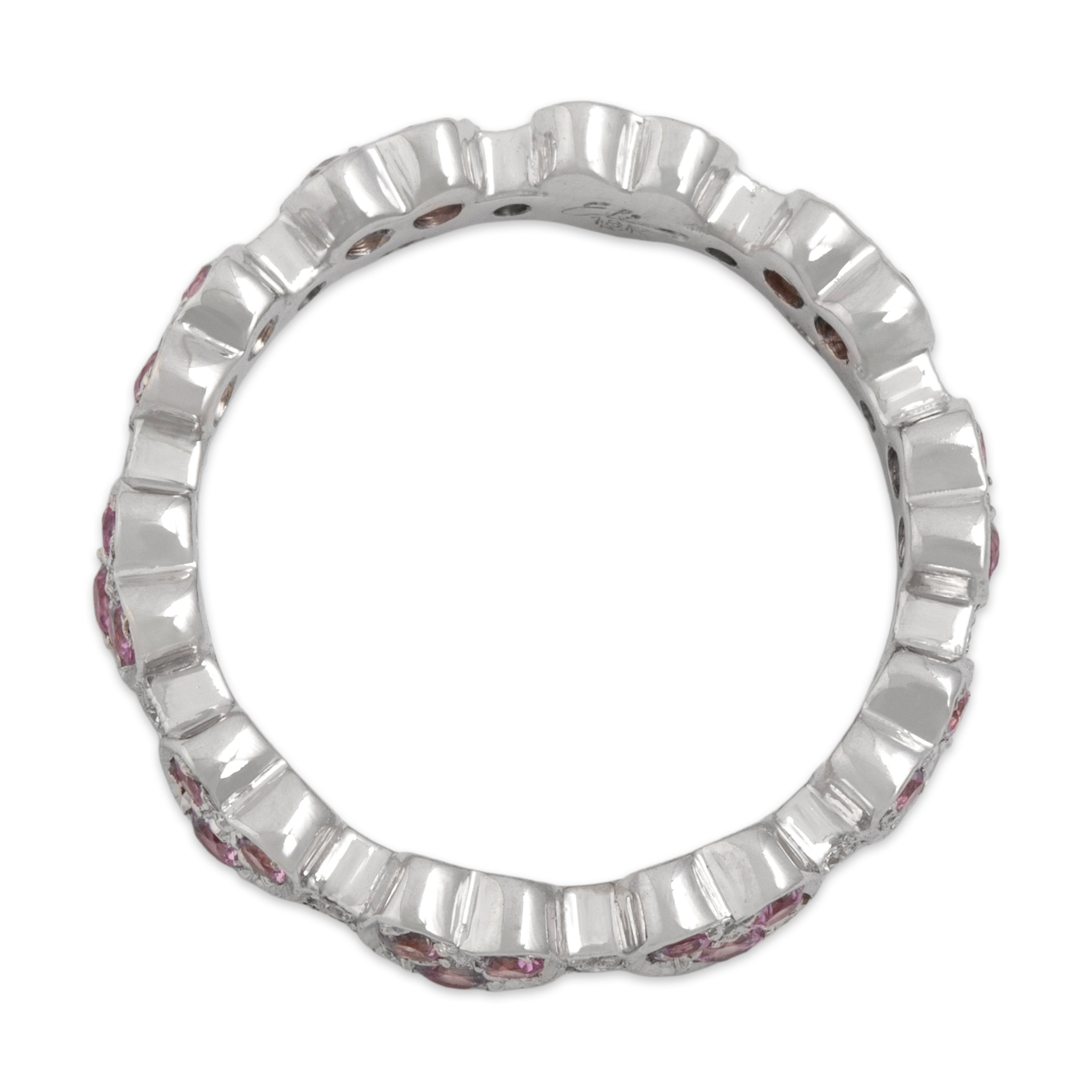 Vintage 18k White Gold .6cttw Pink Sapphire Diamond Sweetheart Eternity Band Ring - detail view #1