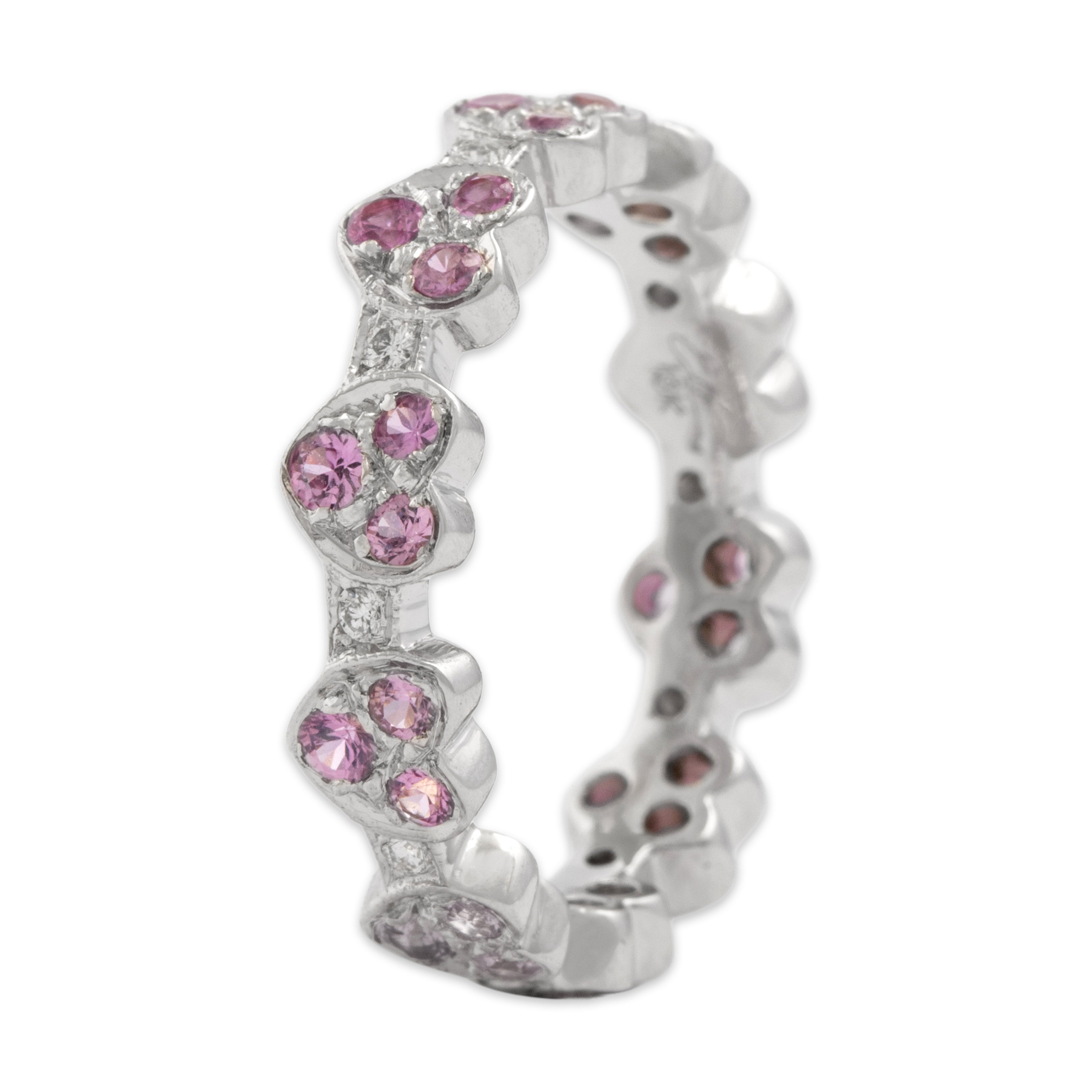 Vintage 18k White Gold .6cttw Pink Sapphire Diamond Sweetheart Eternity Band Ring - Overall view