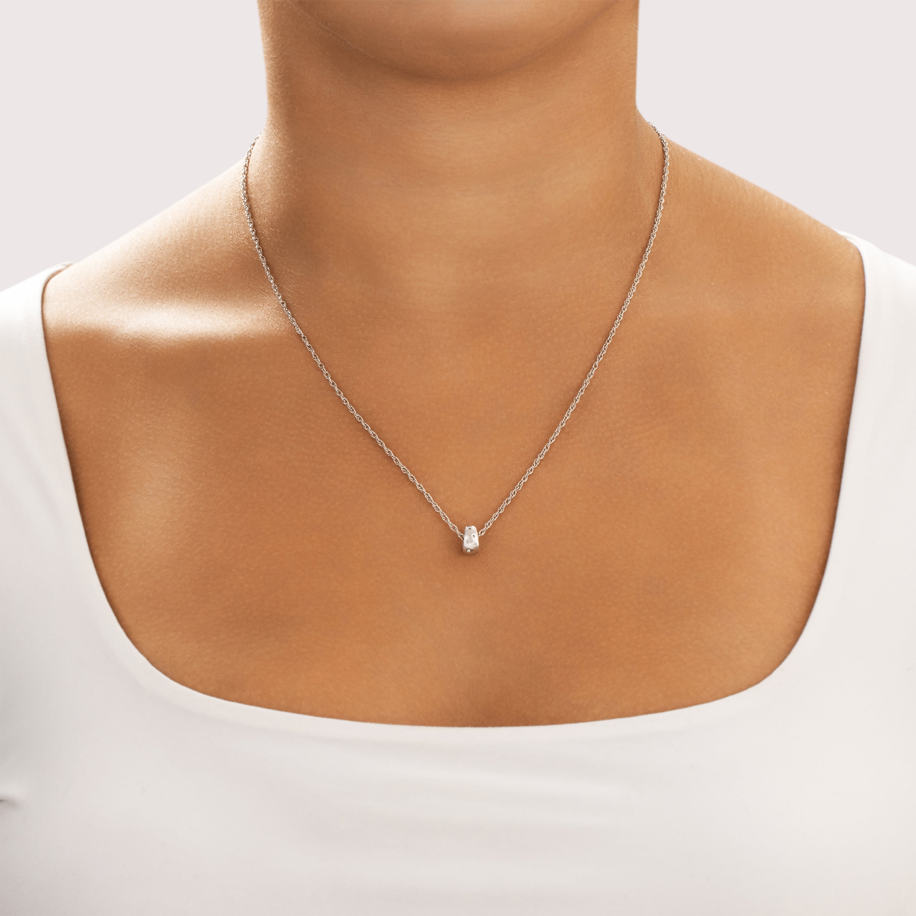 Vintage 14k White Gold Diamond Brushed Sparkling Bubble Slide Pendant - On model view