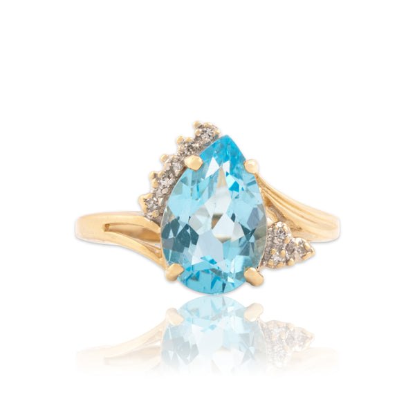 Vintage 14k Yellow Gold 3.15ct Blue Topaz Diamond Bright Accented Pear Ring 8.25
