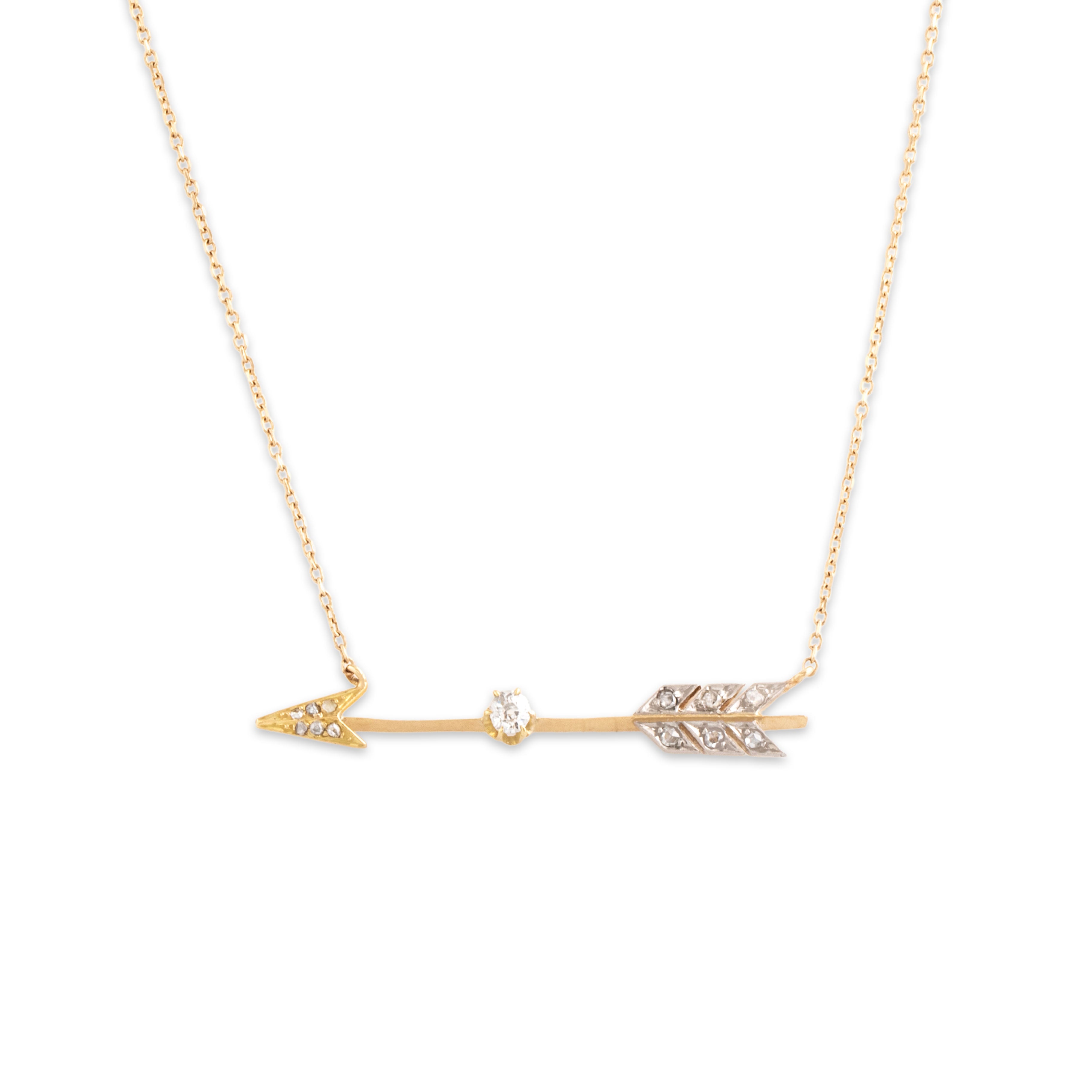 Antique 14k & 18k Yellow Gold Old Mine & Rose Cut Diamond Flying Arrow Necklace 18