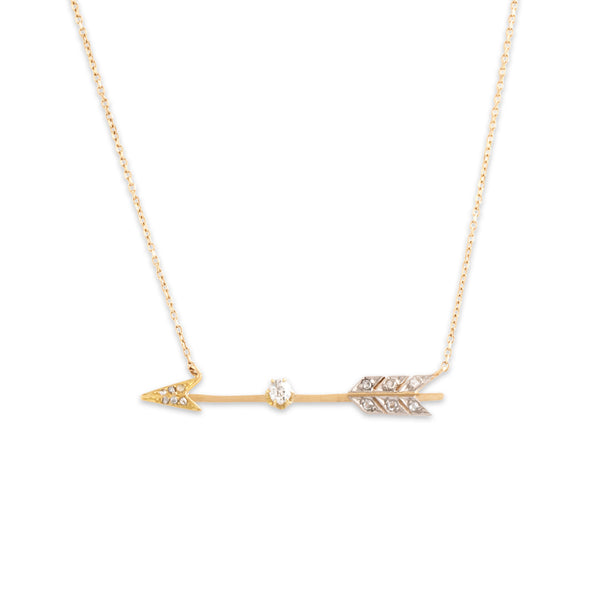 Antique 14k & 18k Yellow Gold Old Mine & Rose Cut Diamond Flying Arrow Necklace 18