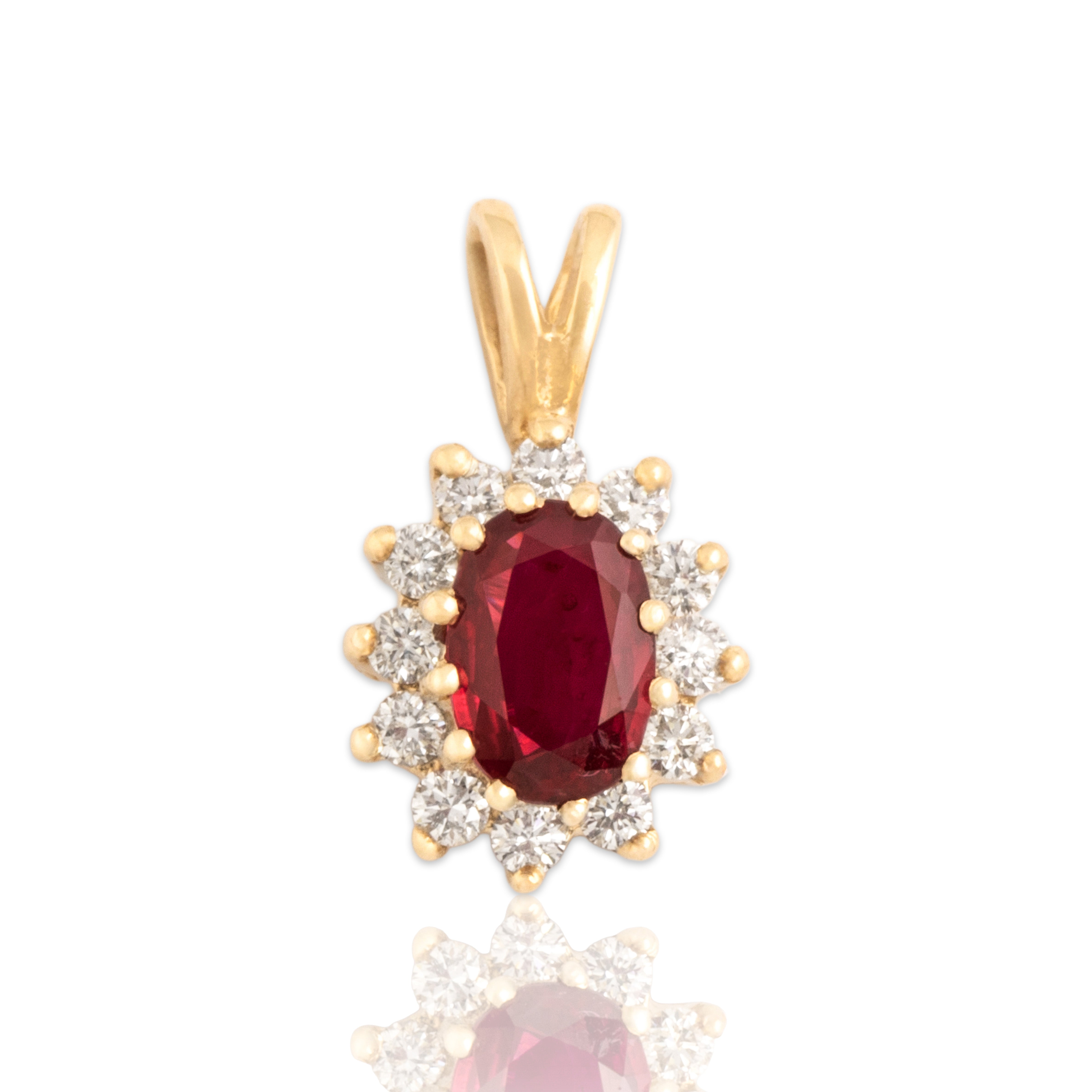 Vintage Small 10k Yellow Gold Ruby Diamond Classic Oval Halo Pendant