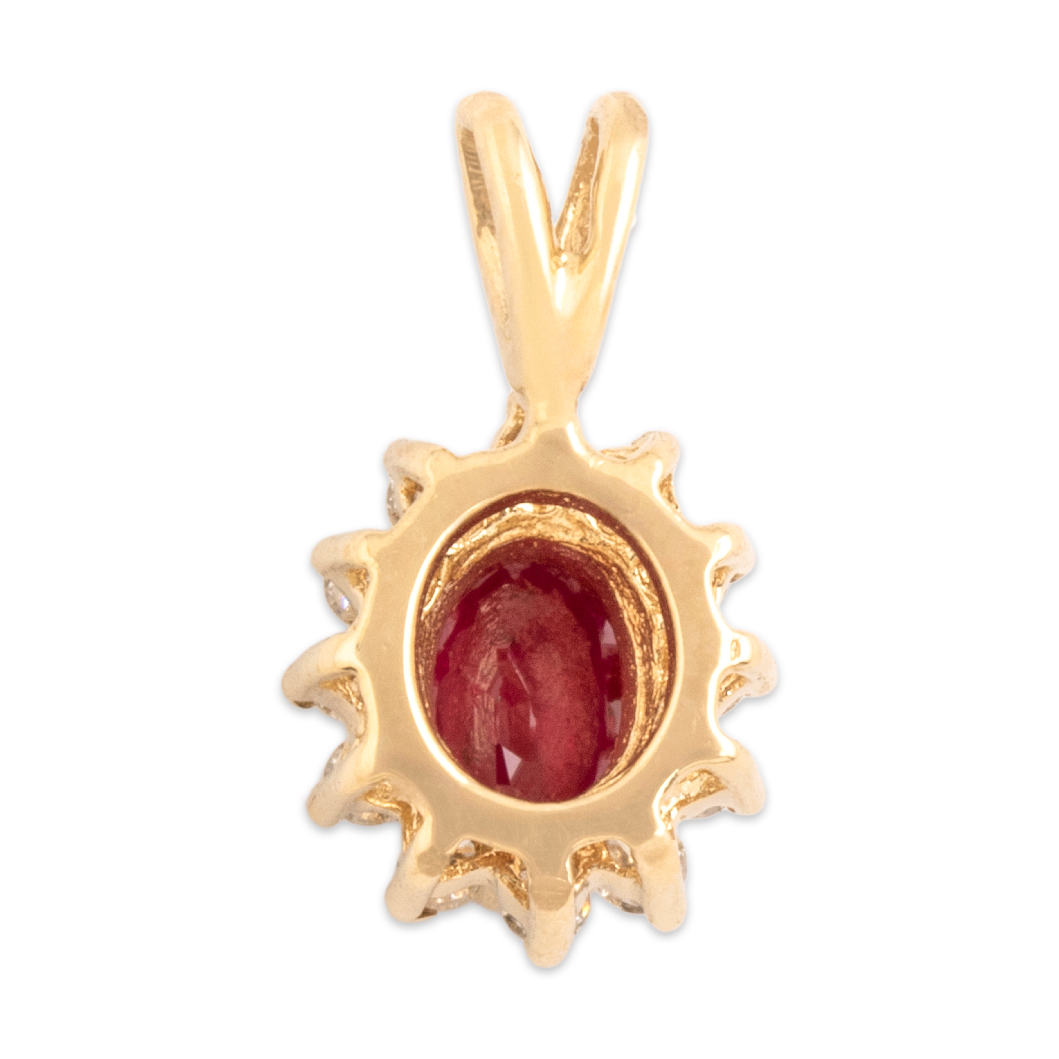 Vintage Small 10k Yellow Gold Ruby Diamond Classic Oval Halo Pendant - Back view