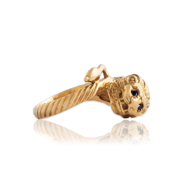 Vintage 18k Yellow Gold Blue Sapphire Cabled Tail Lion Ring 6.00