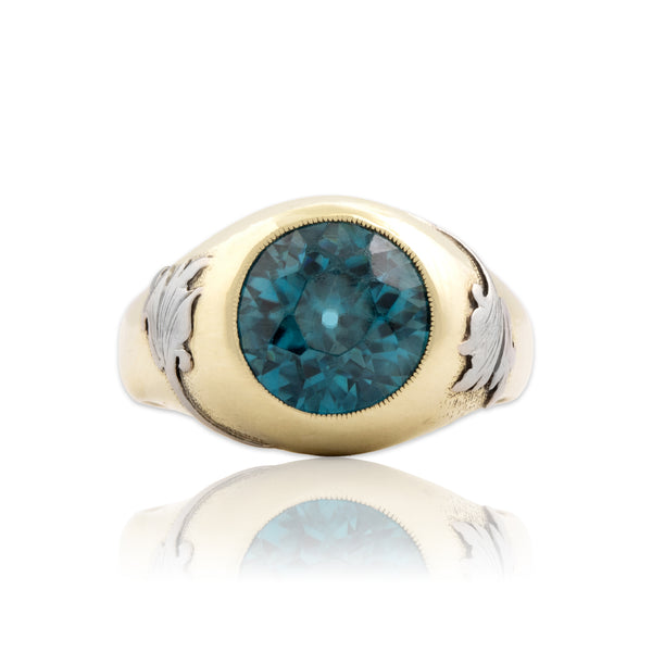 Antique Heavy 14k Yellow & White Gold 3.9ct Blue Zircon Decorated Dome Ring 6.50