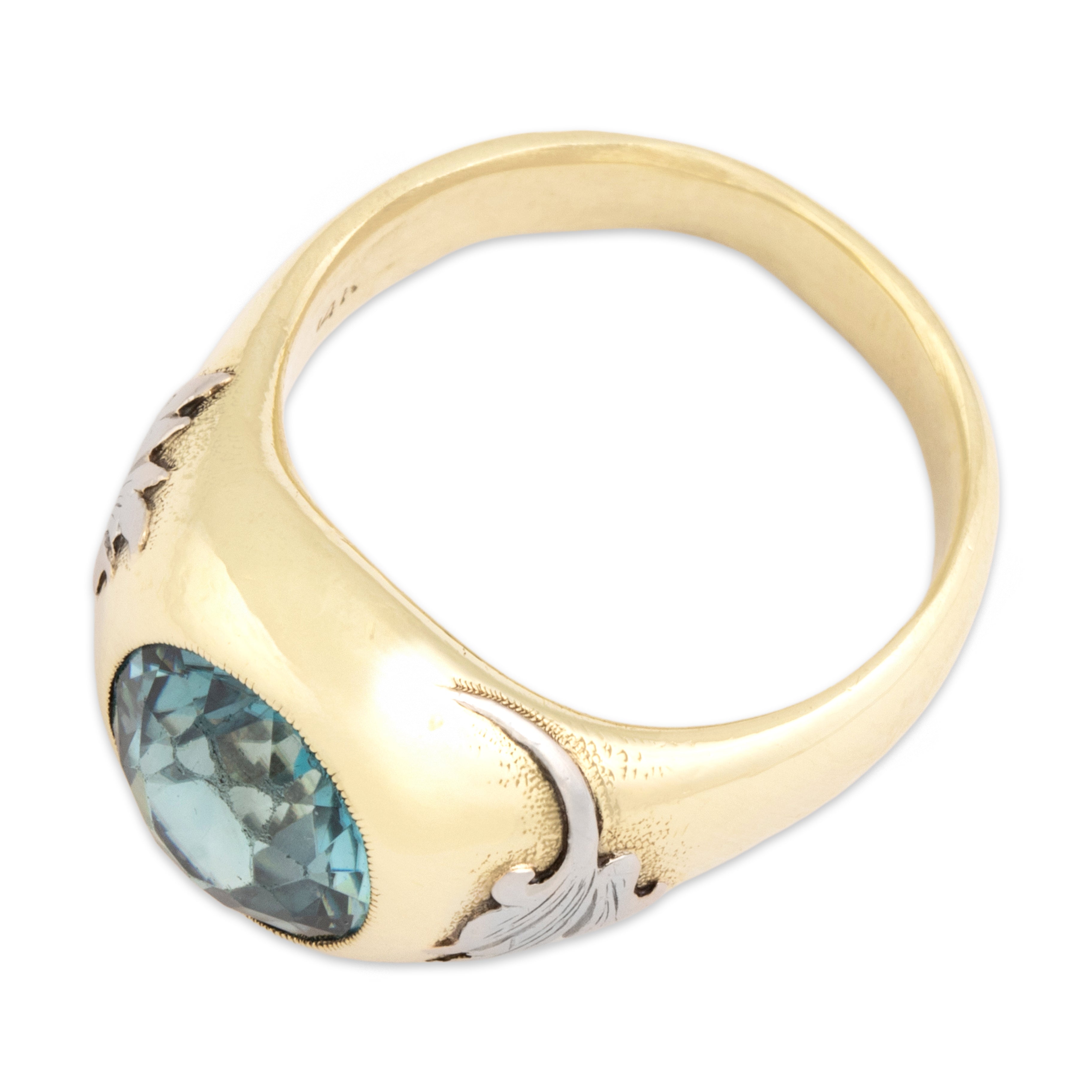 Antique Heavy 14k Yellow & White Gold 3.9ct Blue Zircon Mesmerizing Decorated Dome Ring - Overall view