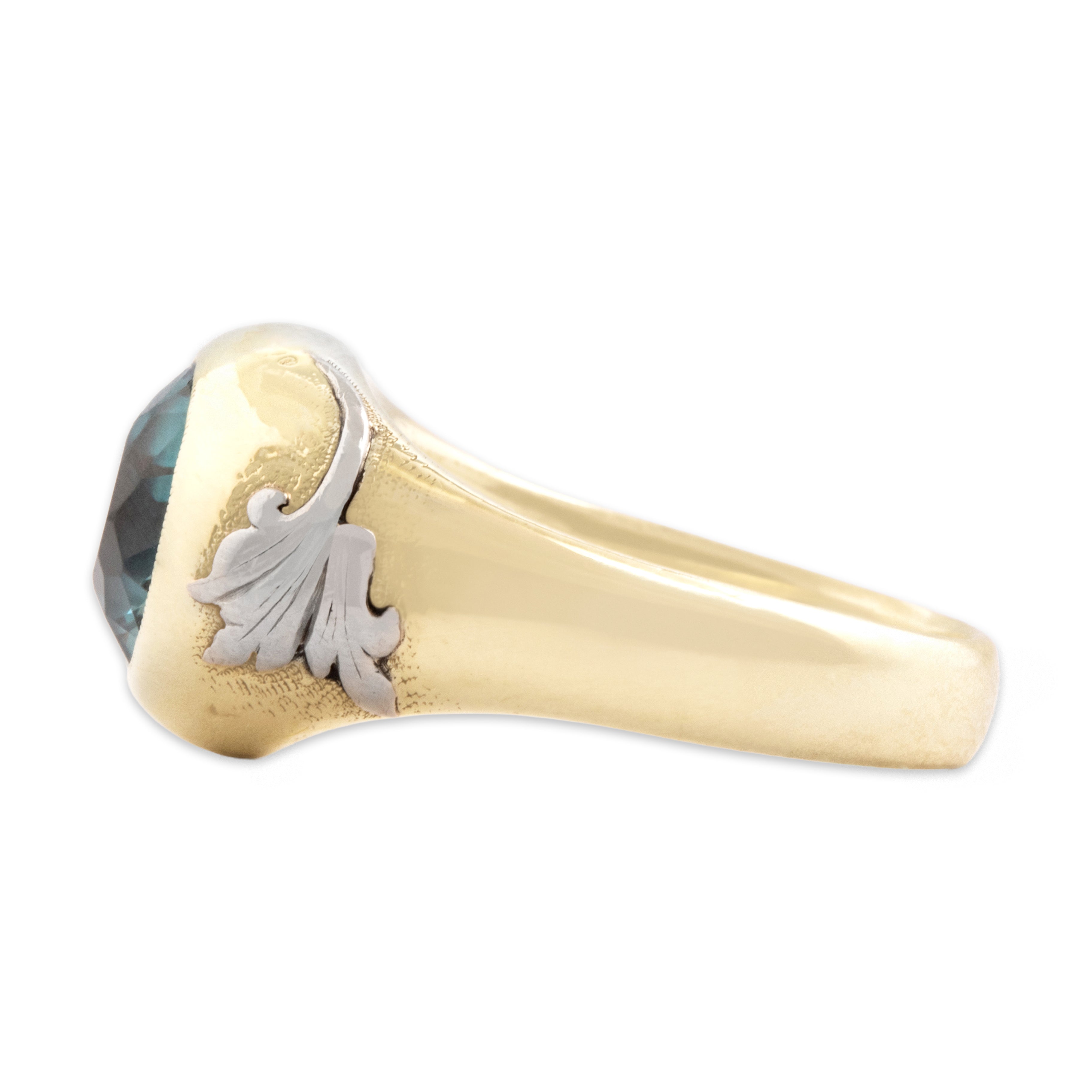 Antique Heavy 14k Yellow & White Gold 3.9ct Blue Zircon Mesmerizing Decorated Dome Ring - Side view