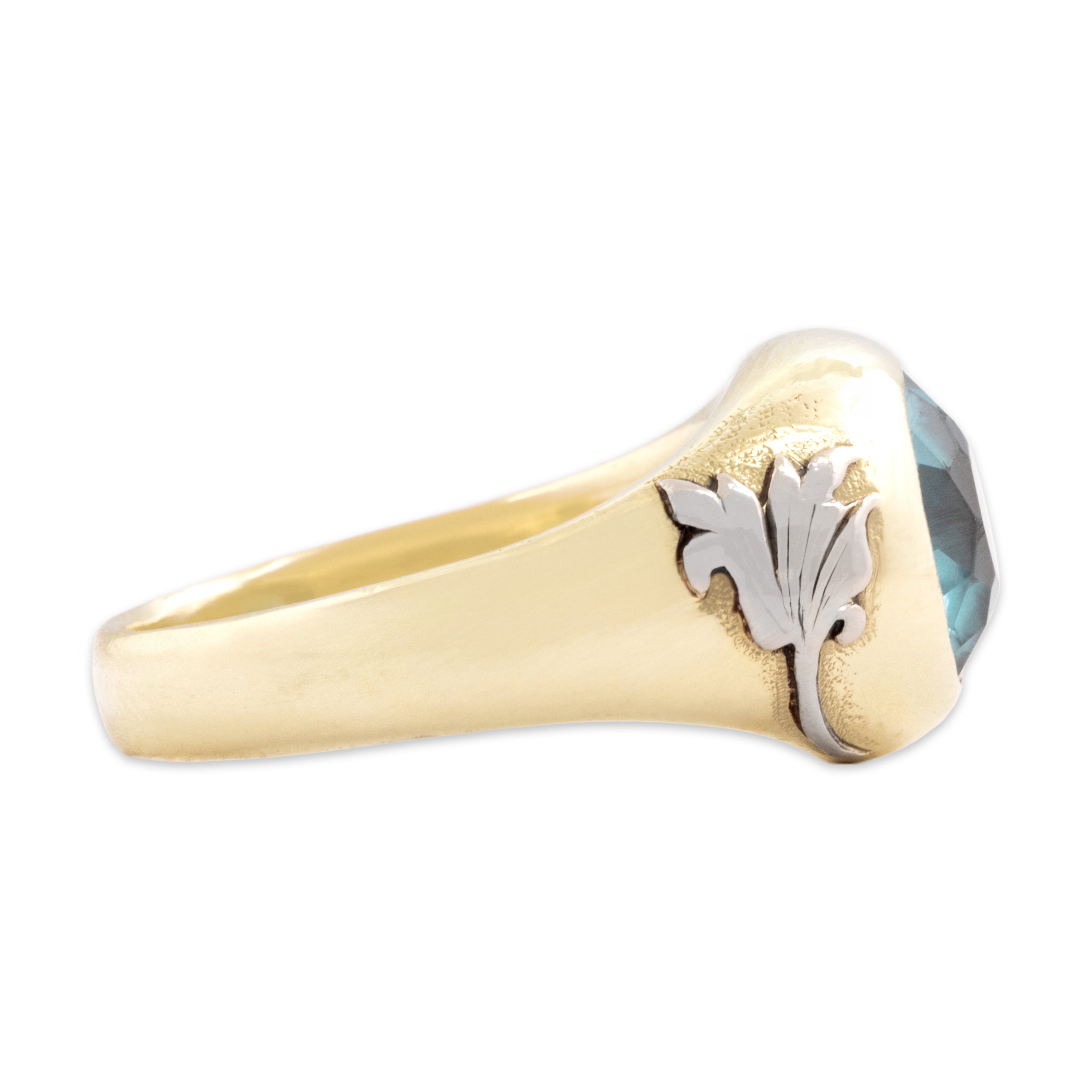 Antique Heavy 14k Yellow & White Gold 3.9ct Blue Zircon Mesmerizing Decorated Dome Ring - Side view