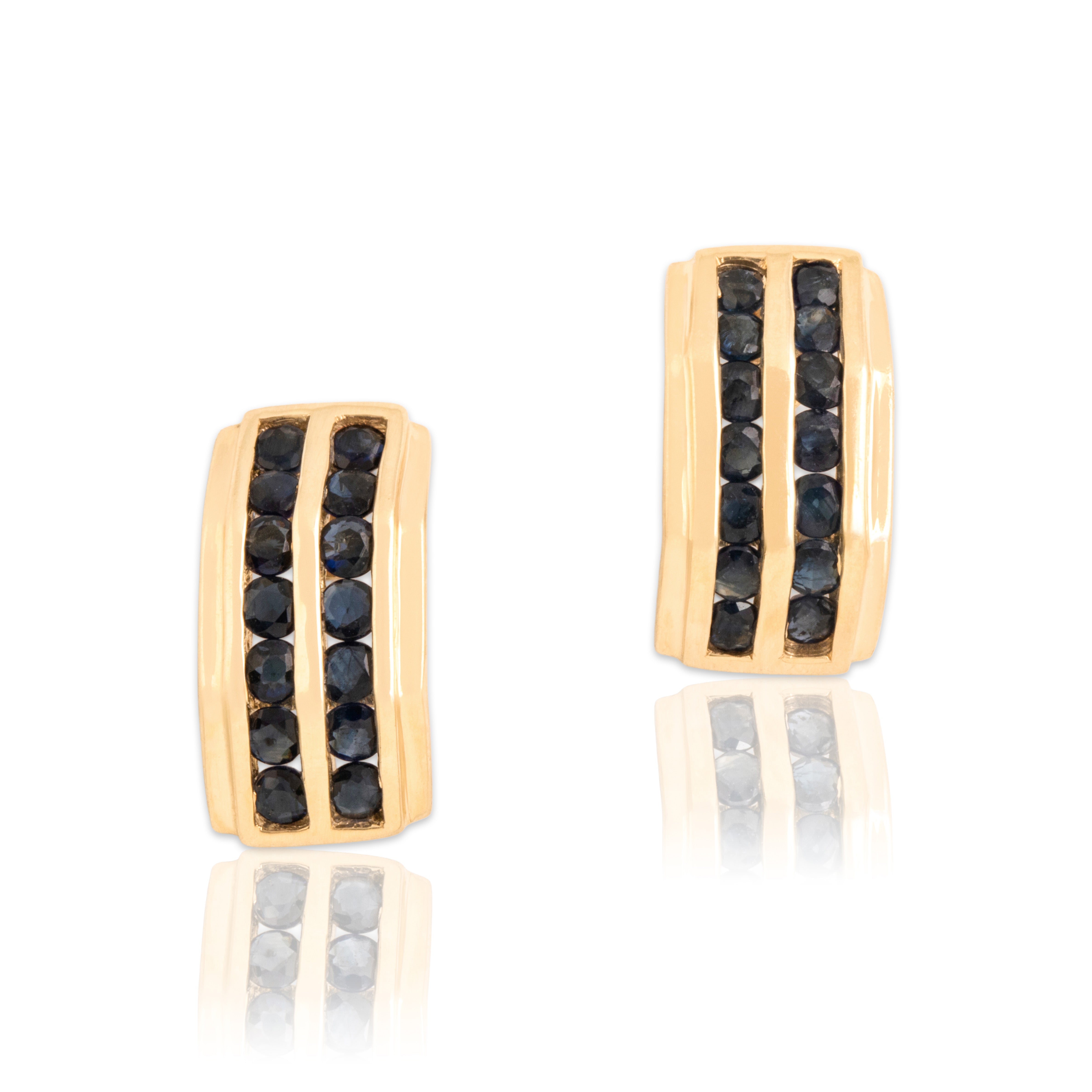 Vintage 14k Yellow Gold 1.02cttw Blue Sapphire Channel Half Hoop Stud Earrings