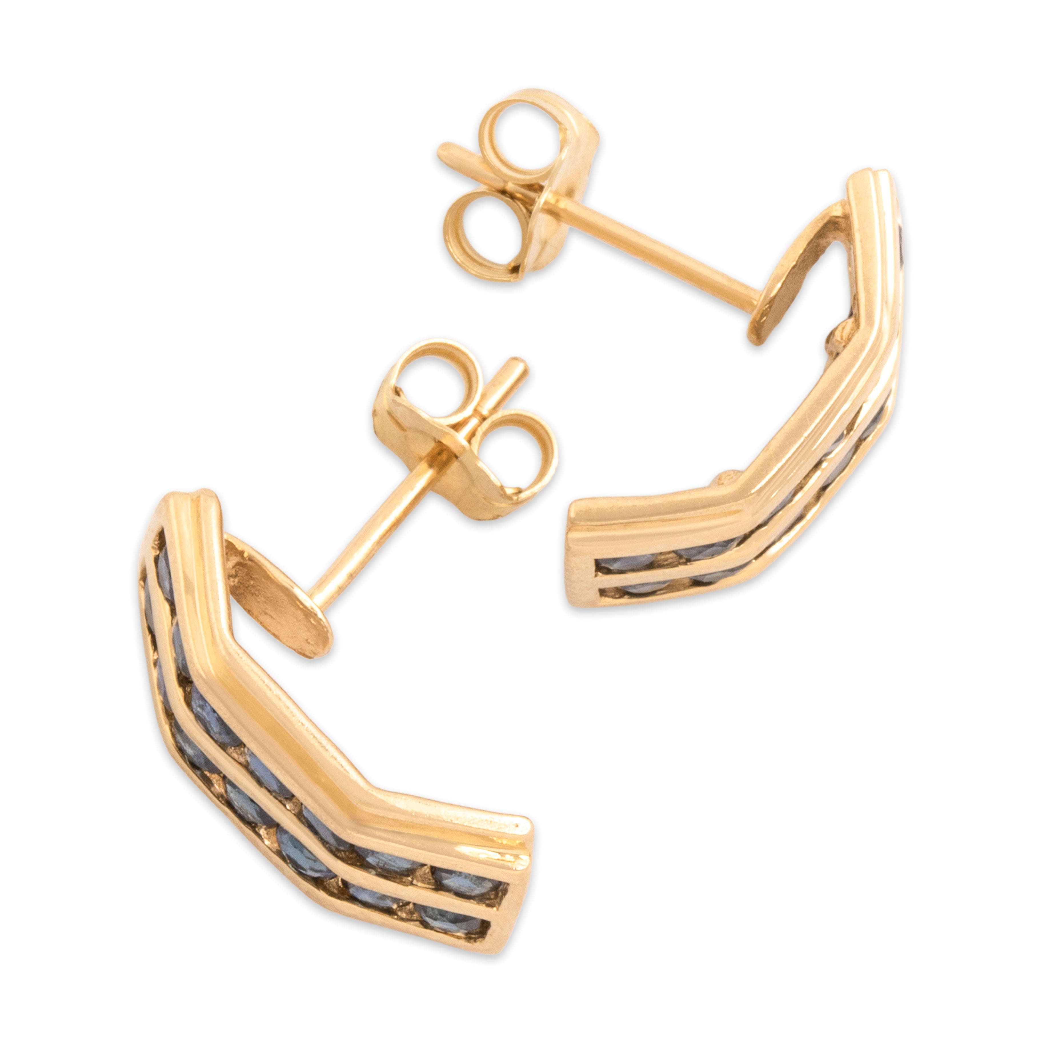 Vintage 14k Yellow Gold 1.02cttw Blue Sapphire Classic Channel Half Hoop Stud Earrings - Side view
