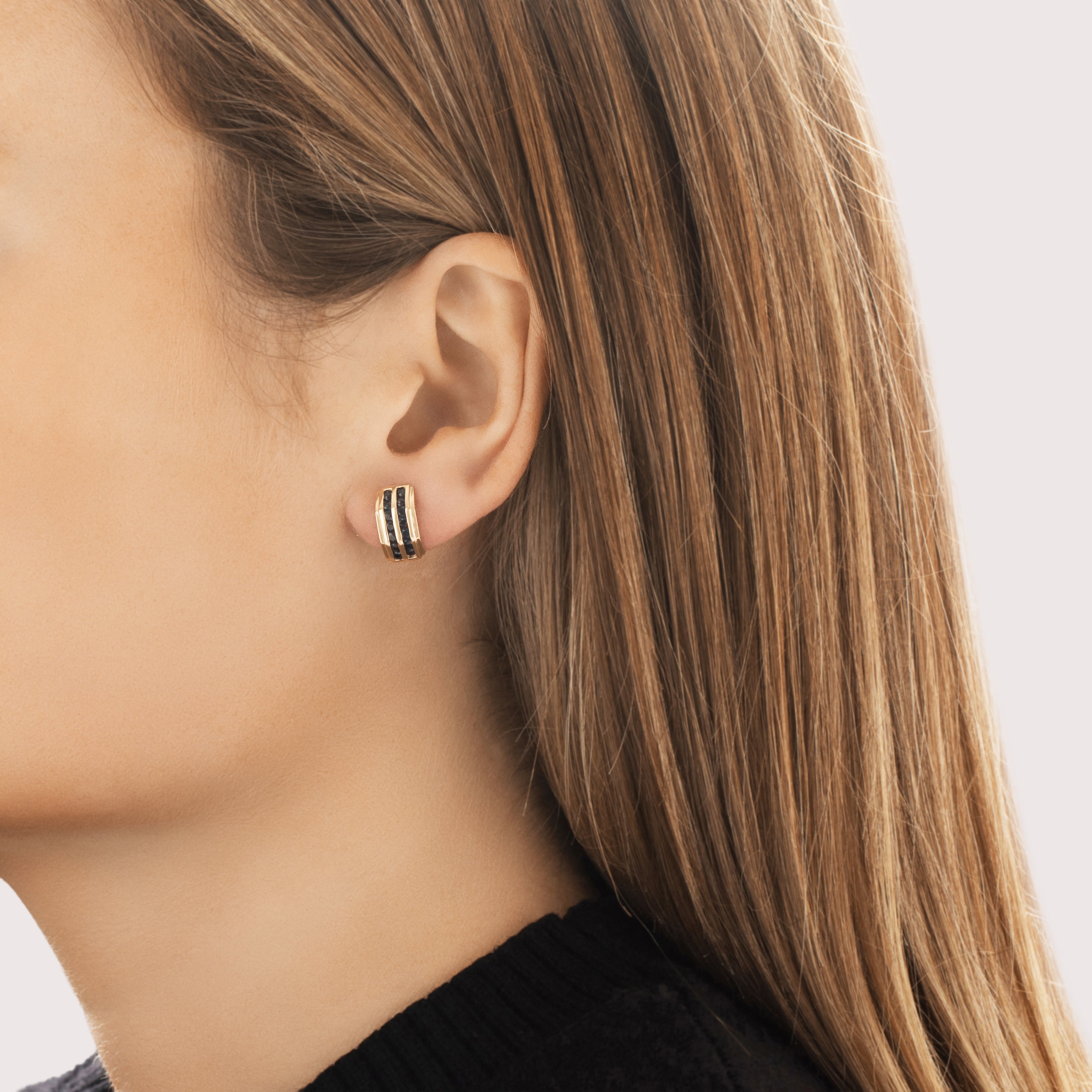 Vintage 14k Yellow Gold 1.02cttw Blue Sapphire Classic Channel Half Hoop Stud Earrings - On model view