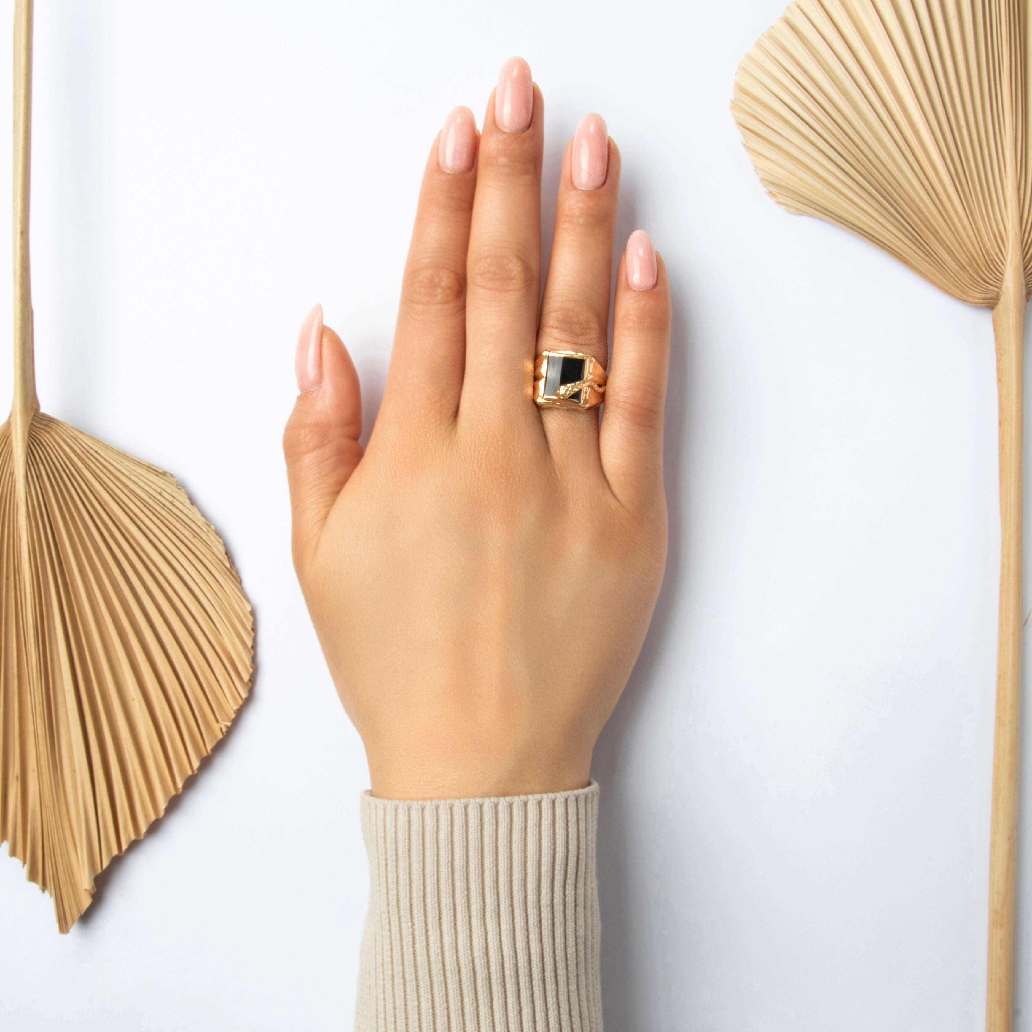 Vintage 18k Rosy Yellow Gold Onyx Dimensional Snake Signet Ring - On model view