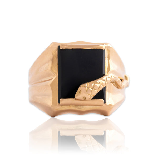 Vintage 18k Rosy Yellow Gold 2.36ct Onyx Dimensional Snake Signet Ring 8.00