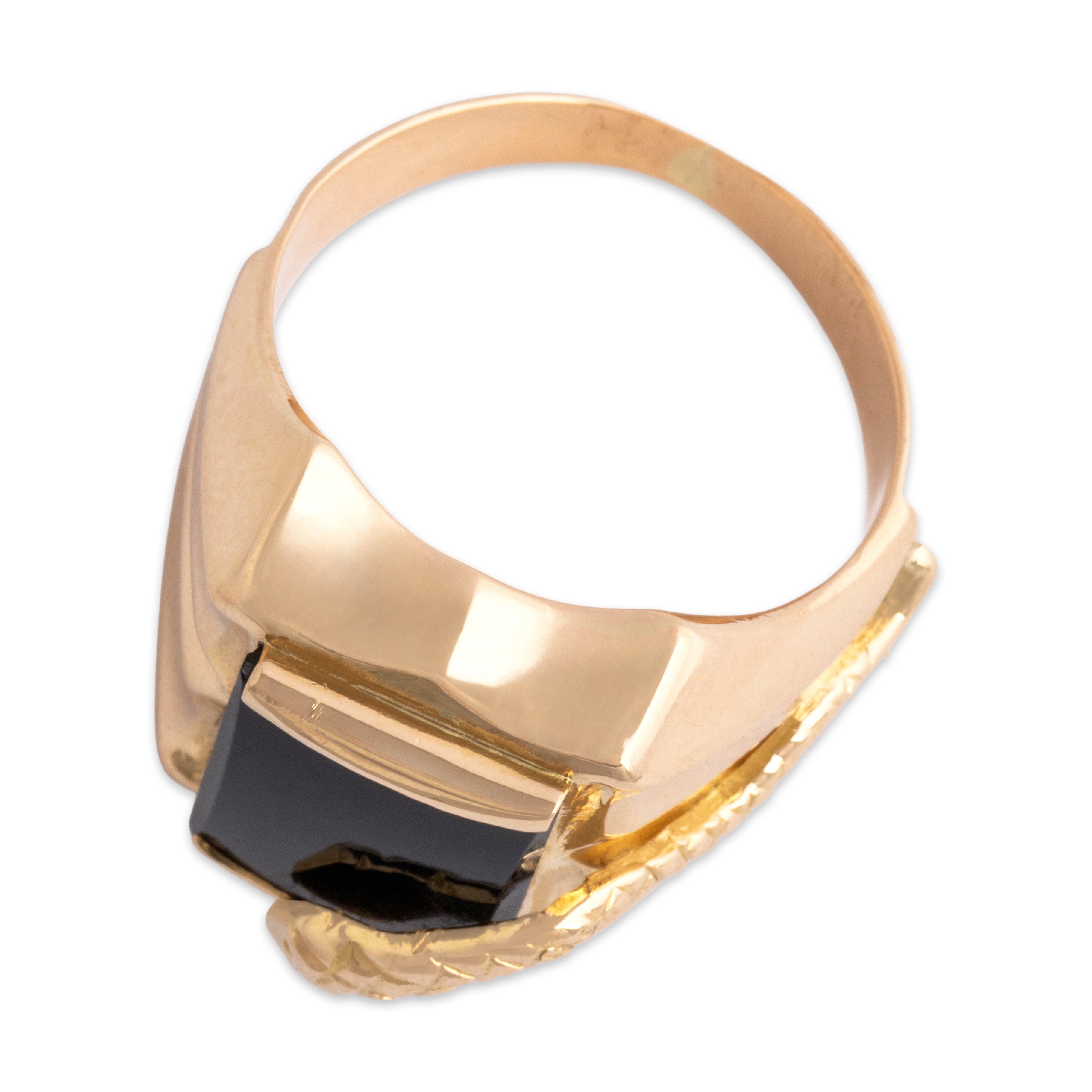 Vintage 18k Rosy Yellow Gold Onyx Dimensional Snake Signet Ring - Overall view