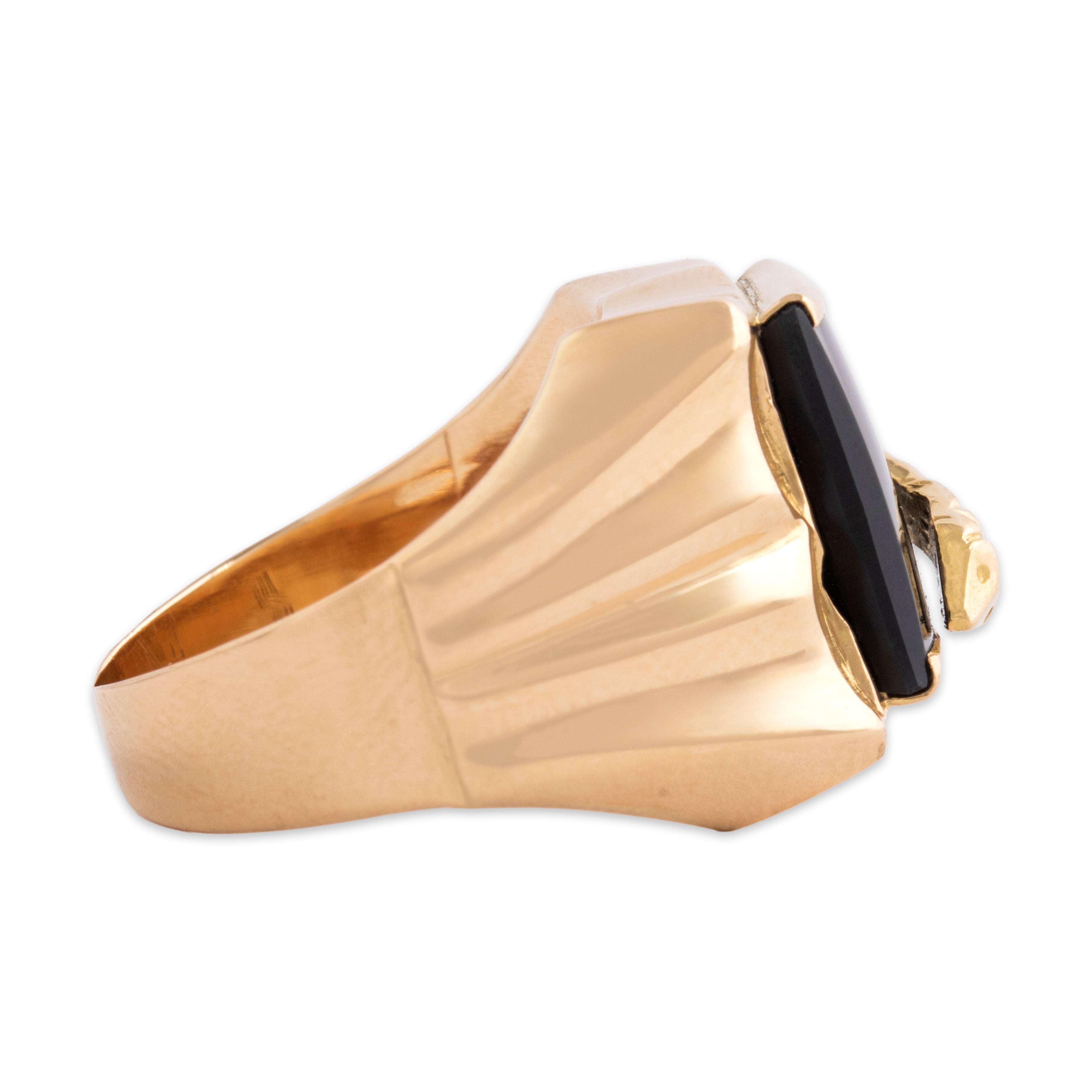 Vintage 18k Rosy Yellow Gold Onyx Dimensional Snake Signet Ring - Side view