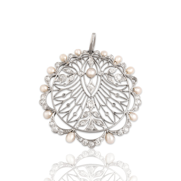 Antique Substantial Platinum .71cttw Old Mine Diamond Pearl Openwork Pendant