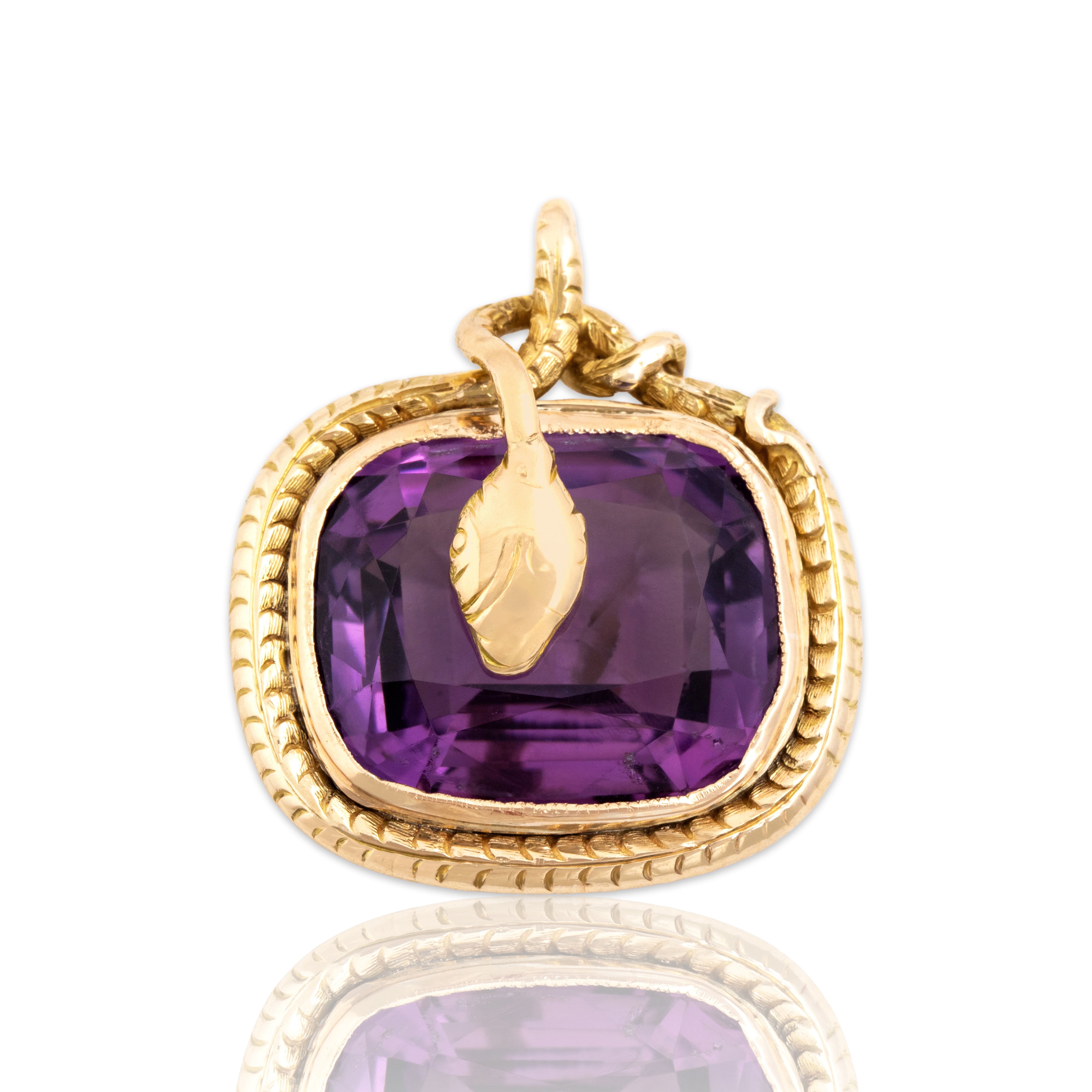 Antique Victorian Heavy 14k Yellow Gold 17ct Amethyst Incredible Snake Pendant