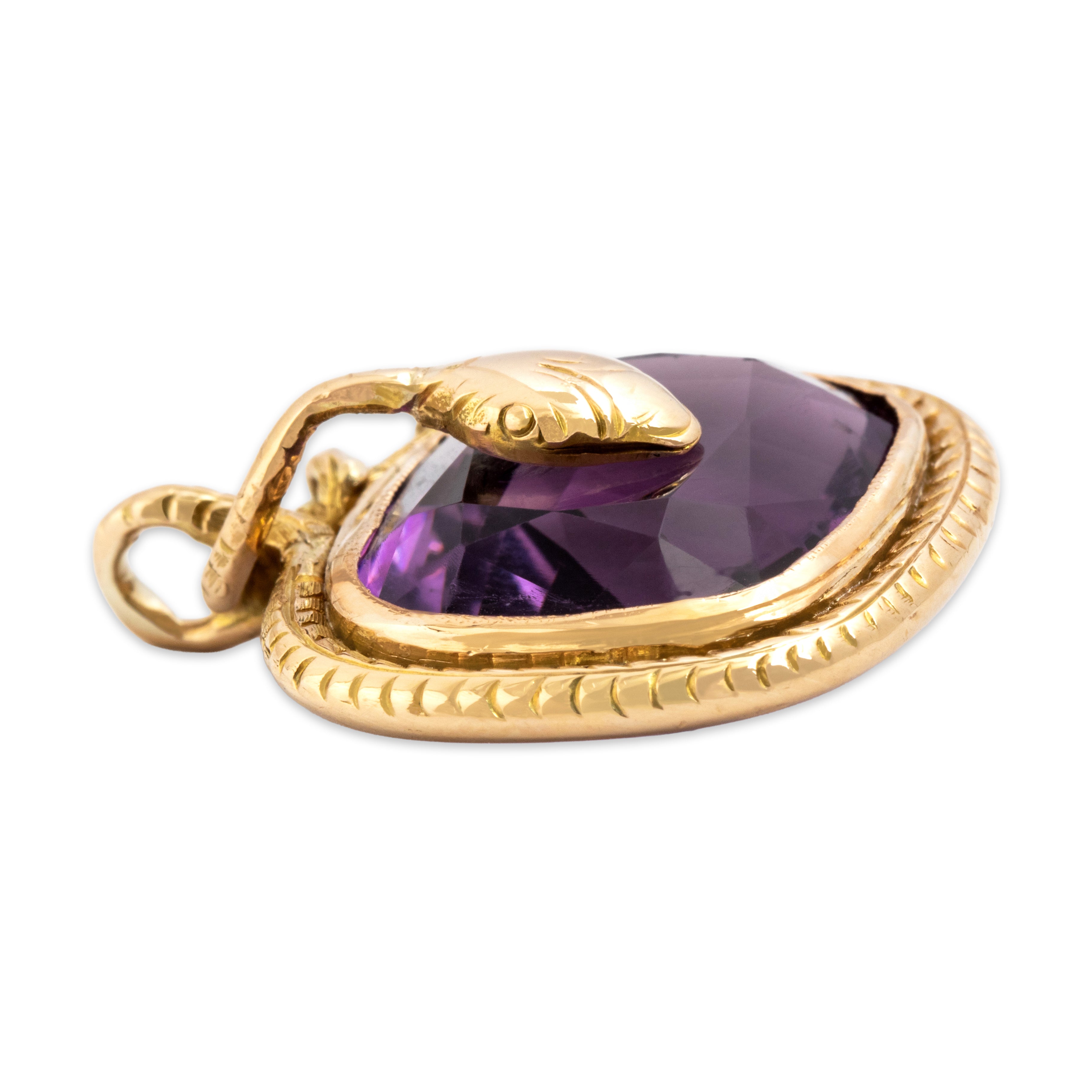 Antique Victorian Heavy 14k Yellow Gold 17.01ct Amethyst Incredible Snake Framed Pendant - Side view