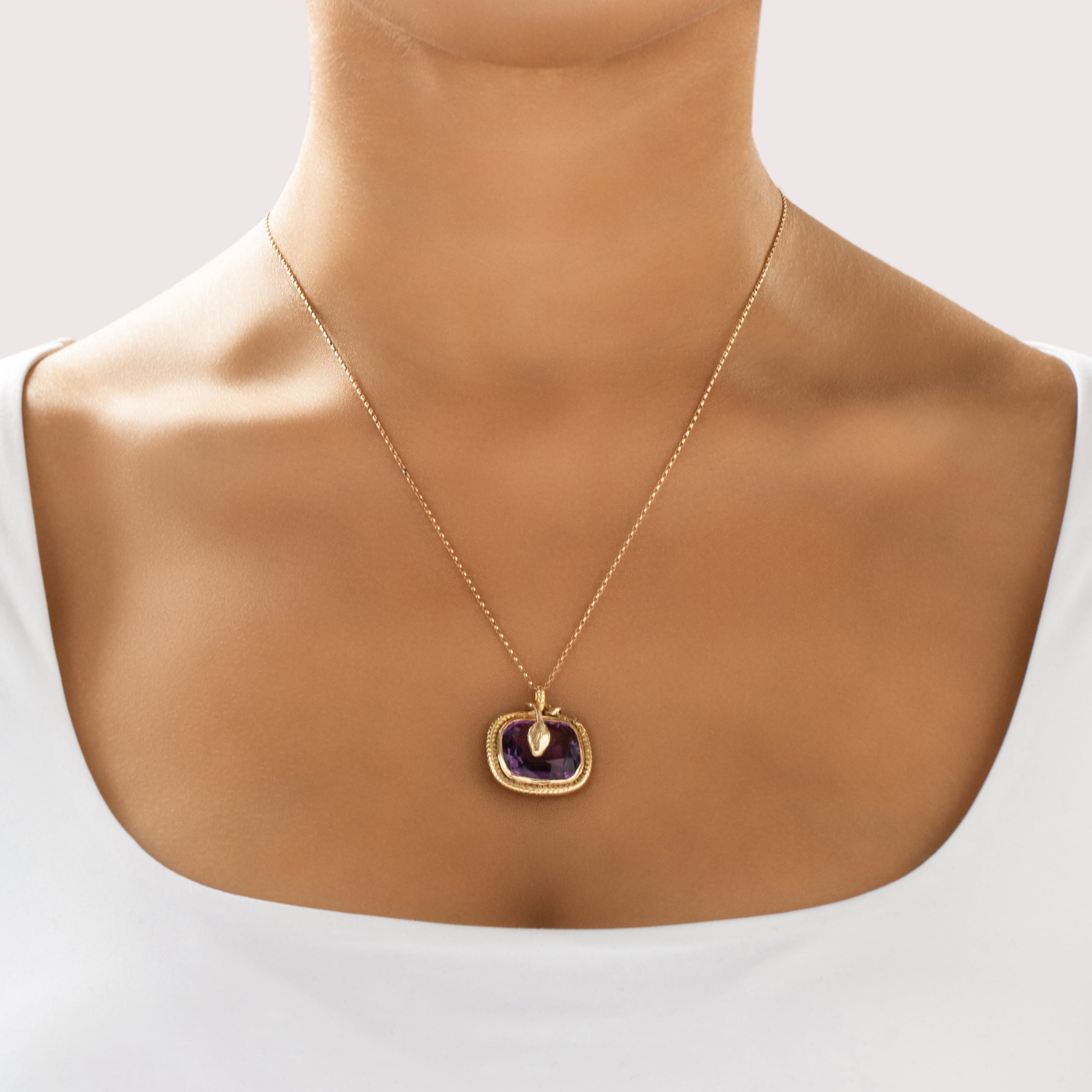 Antique Victorian Heavy 14k Yellow Gold 17.01ct Amethyst Incredible Snake Framed Pendant - On model view