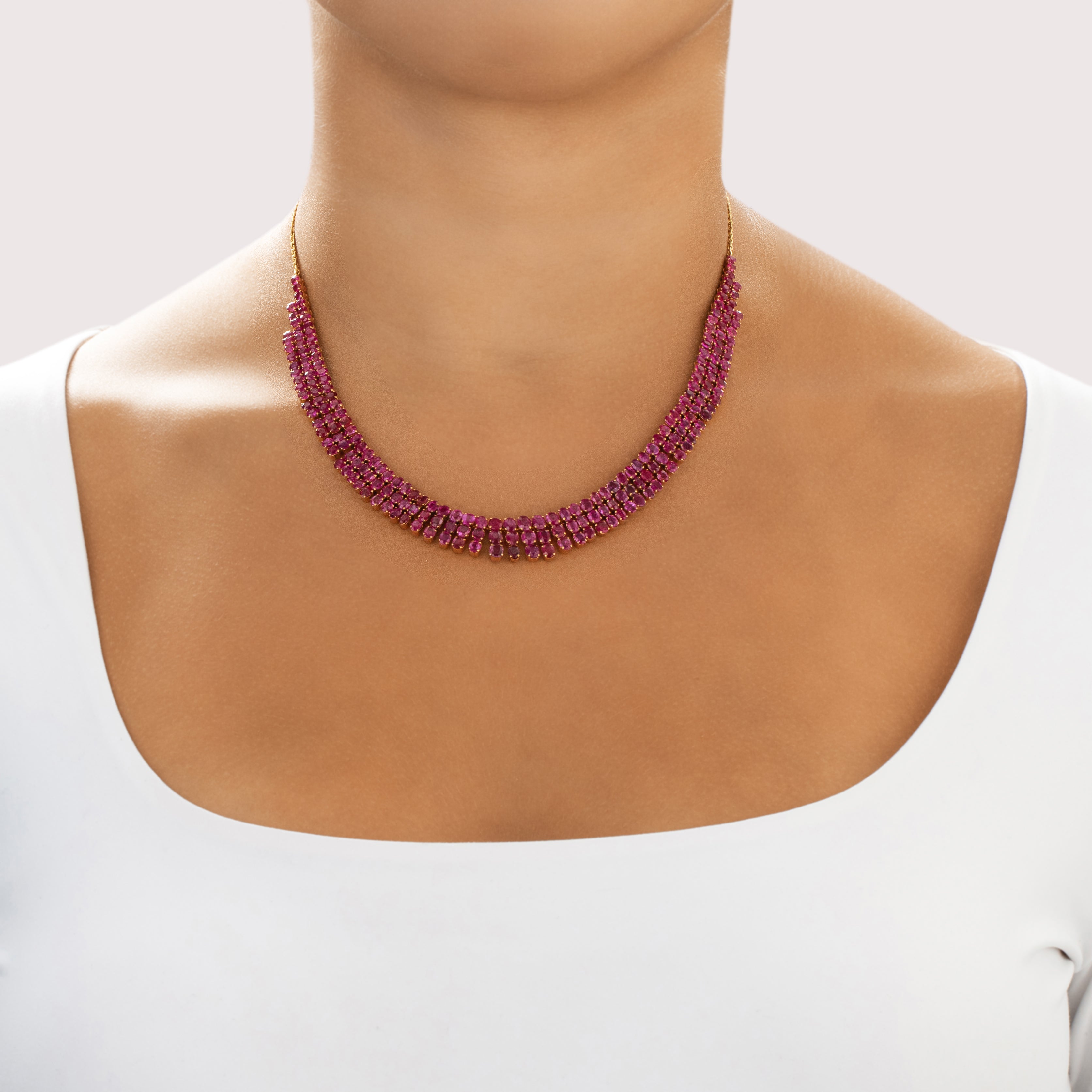 Vintage Substantial 18k Yellow Gold 28.06cttw Ruby Superb Fringe Collar Necklace - On model view