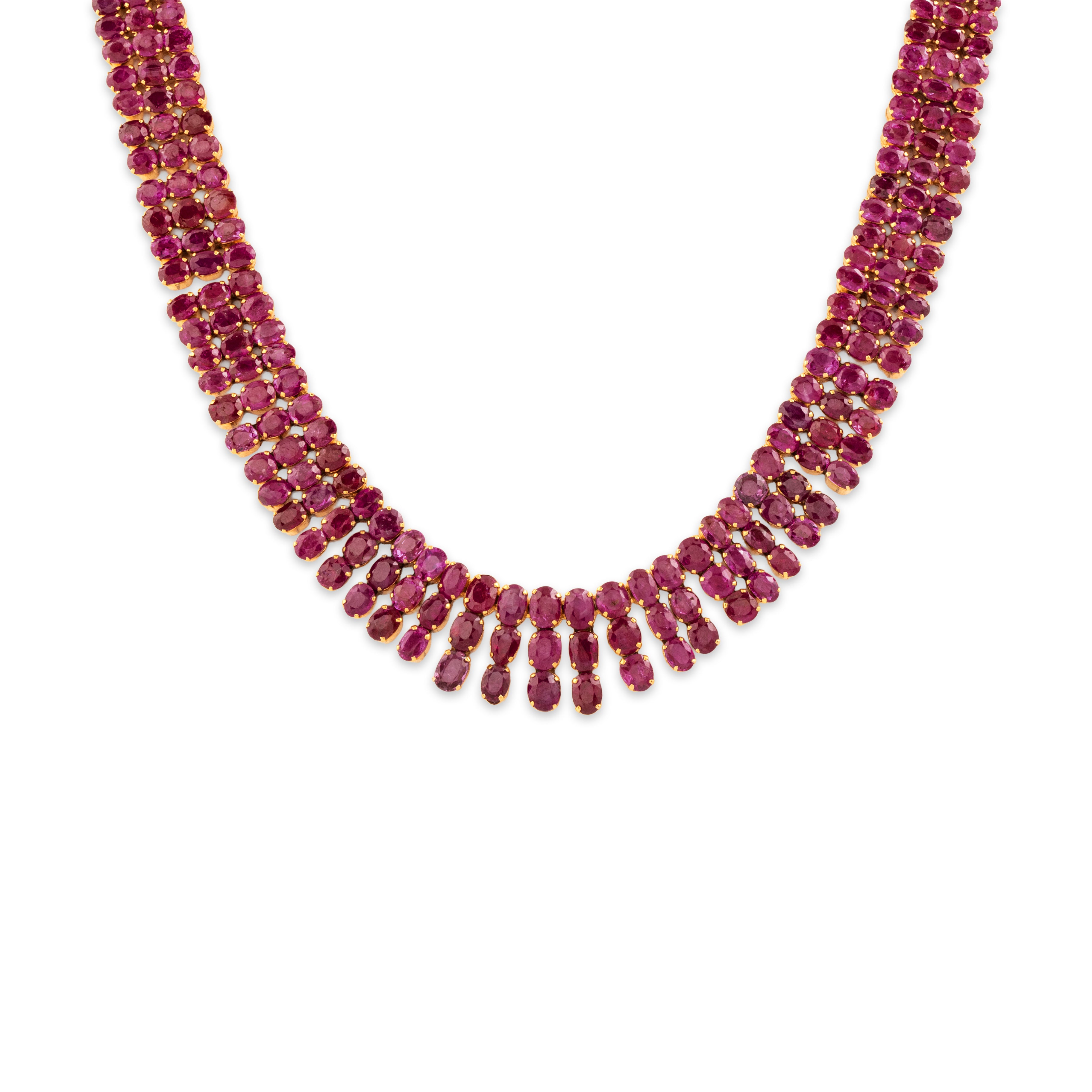 Vintage Substantial 18k Yellow Gold 28.06cttw Ruby Fringe Collar Necklace 17