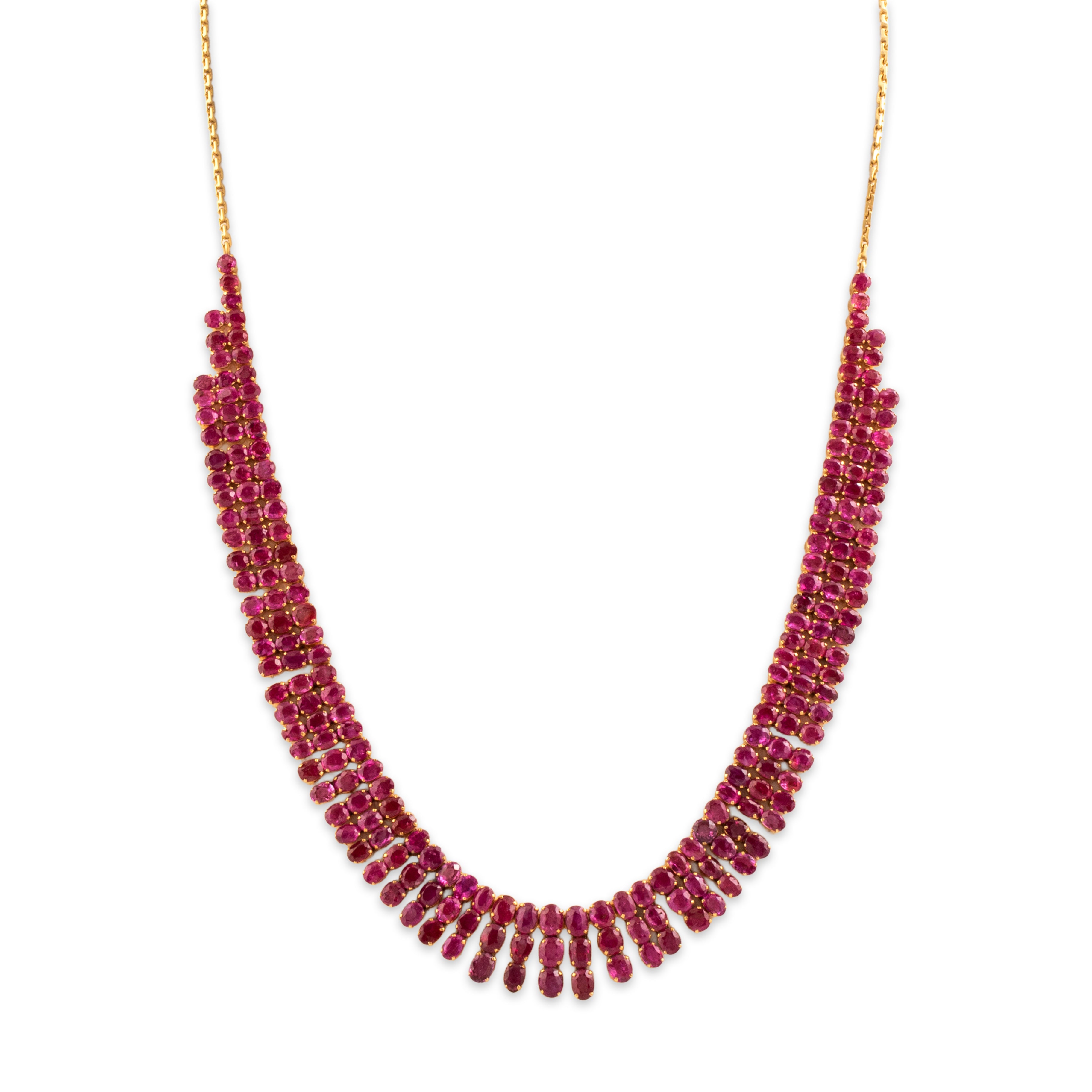 Vintage Substantial 18k Yellow Gold 28.06cttw Ruby Superb Fringe Collar Necklace - Close-up view