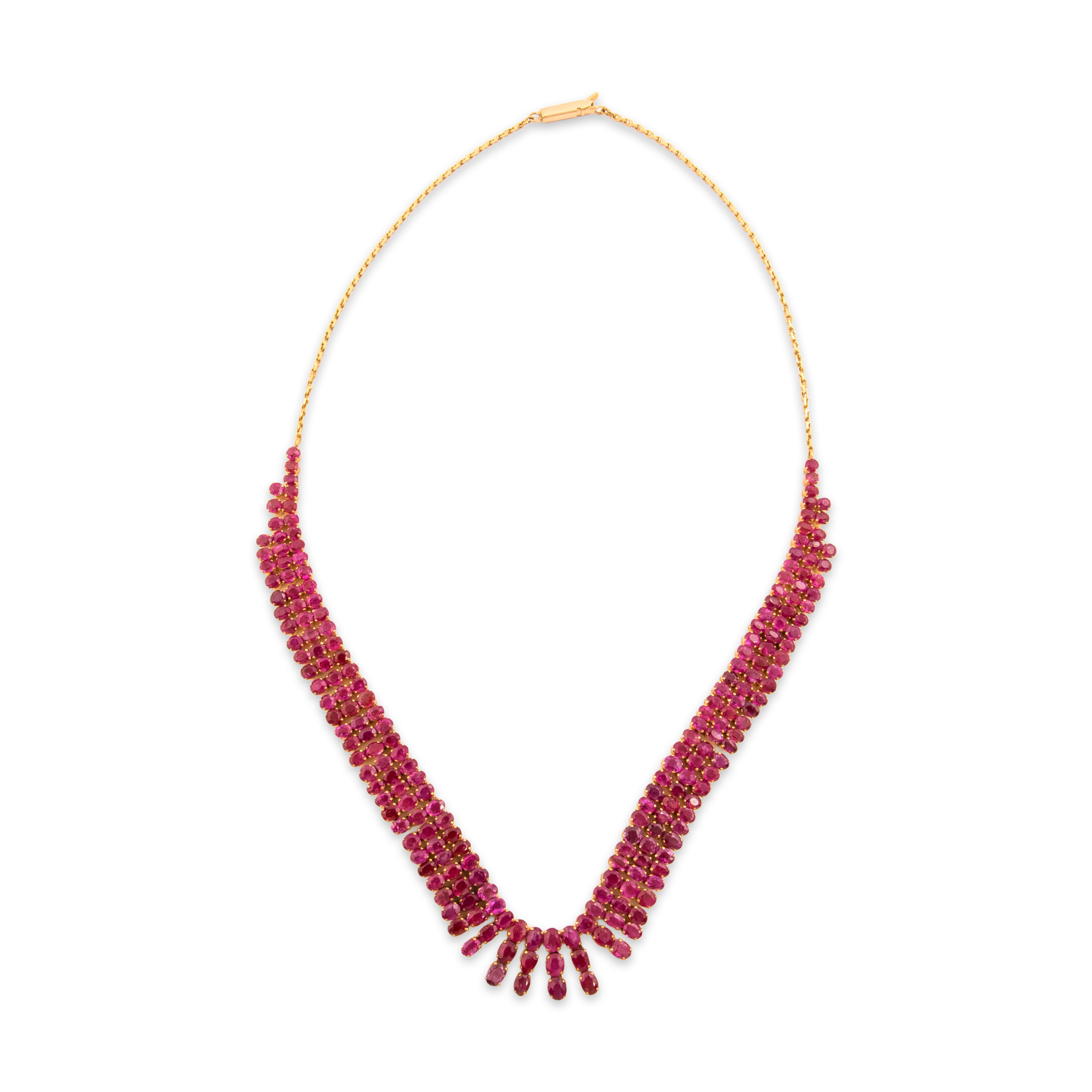 Vintage Substantial 18k Yellow Gold 28.06cttw Ruby Superb Fringe Collar Necklace - Overall view