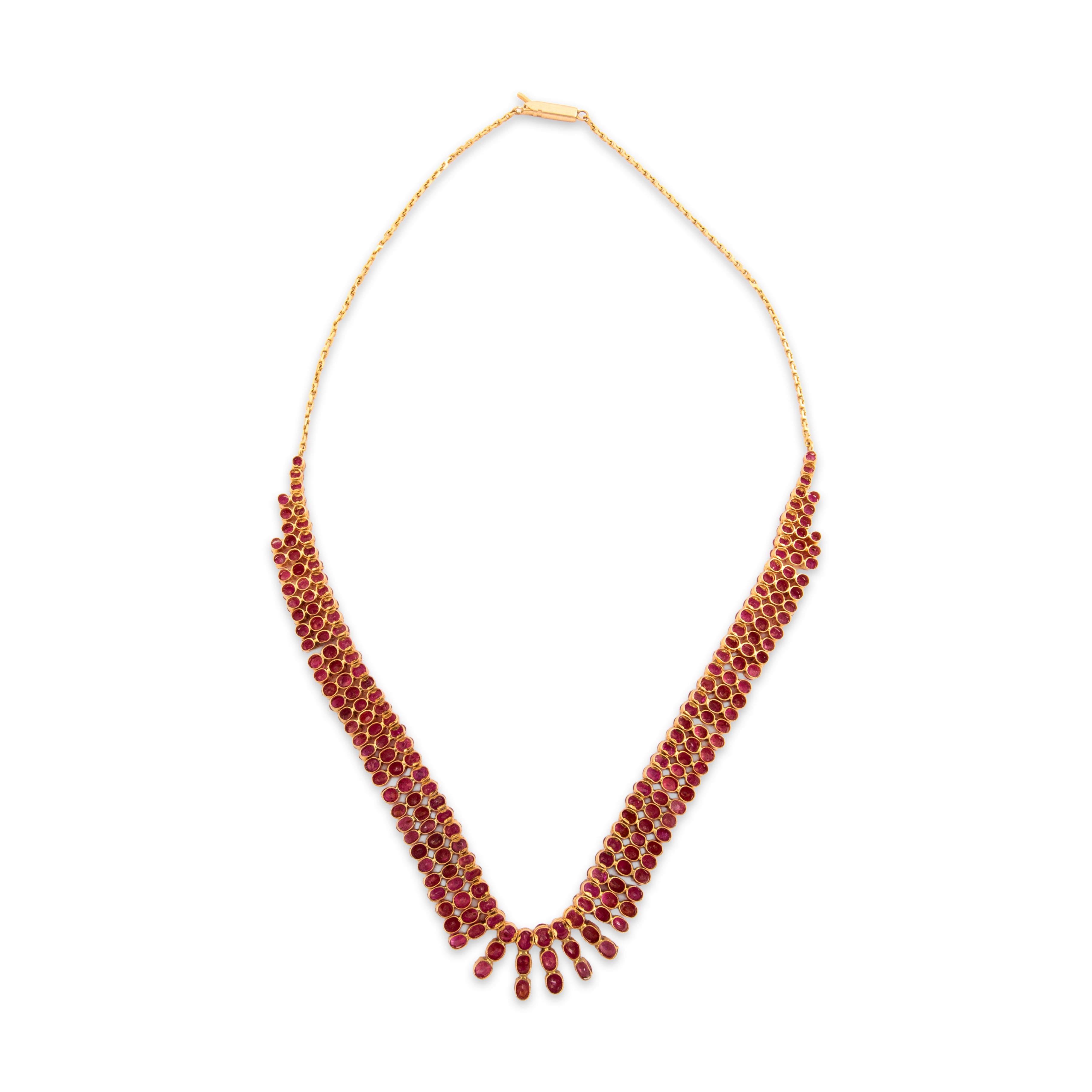 Vintage Substantial 18k Yellow Gold 28.06cttw Ruby Superb Fringe Collar Necklace - Back view