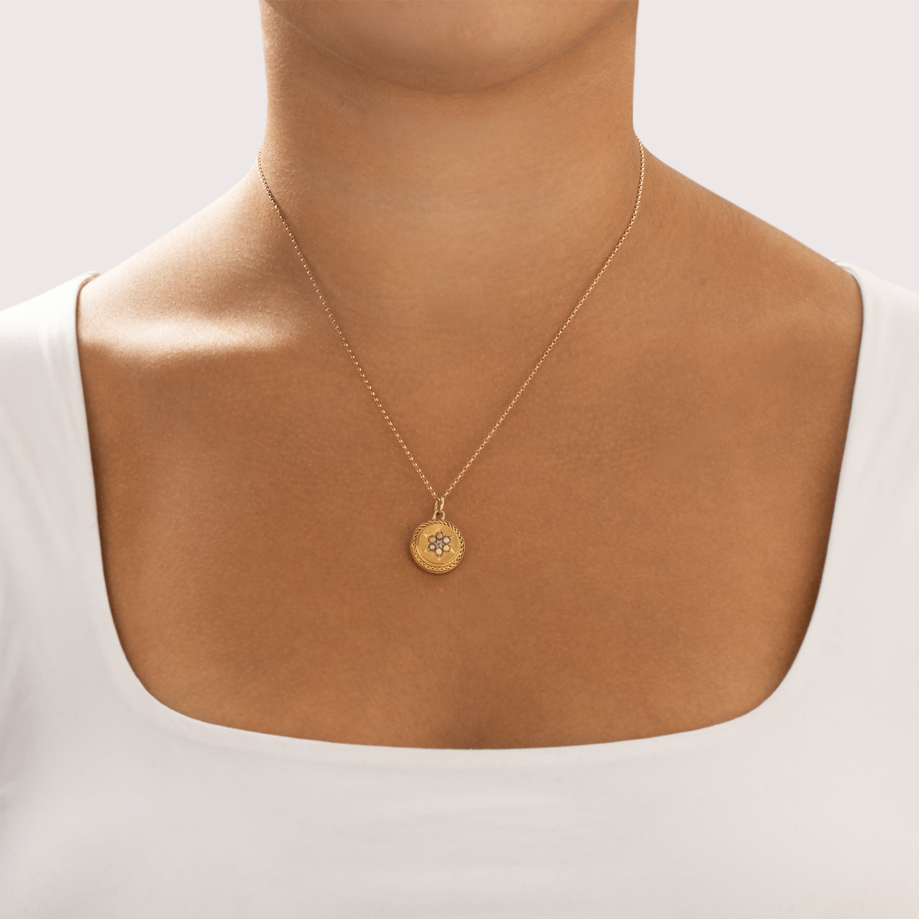 Antique Victorian 14k Yellow & Rosy Yellow Gold Diamond Pearl Beautiful Satin Star-Set Cabled Disc Charm / Pendant - On model view