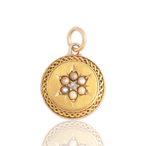 Antique Victorian 14k Yellow & Rosy Yellow Gold Diamond Pearl Beautiful Satin Star-Set Cabled Disc Charm / Pendant - Close-up view