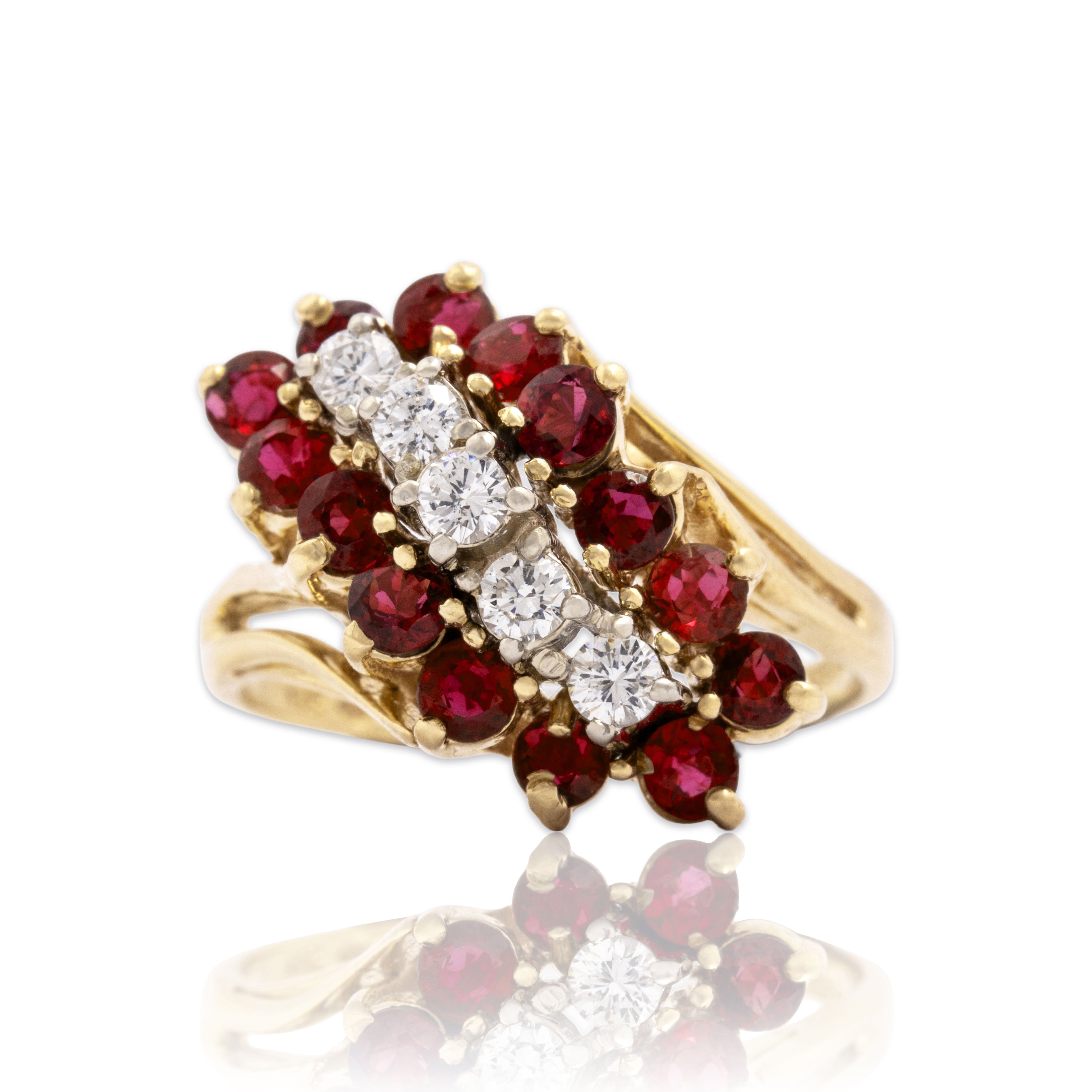 Vintage 14k Yellow Gold 1.63cttw Ruby Diamond Tall Flowing Wave Ring - Close-up view