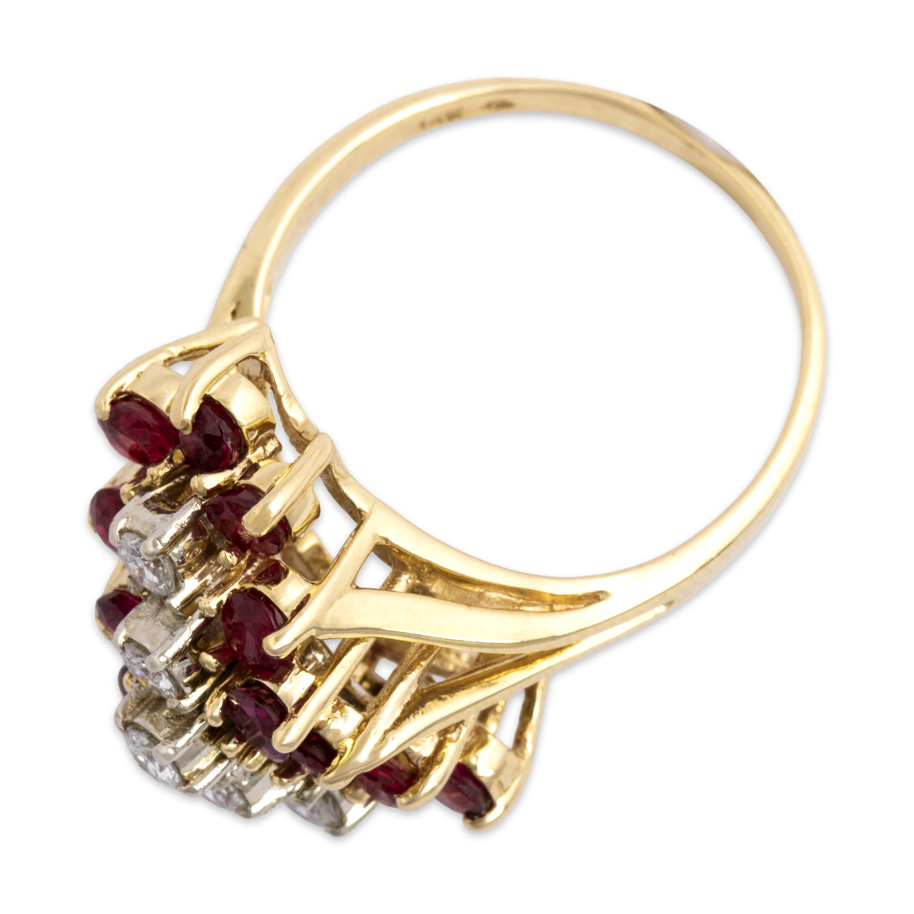 Vintage 14k Yellow Gold 1.63cttw Ruby Diamond Tall Flowing Wave Ring - Overall view