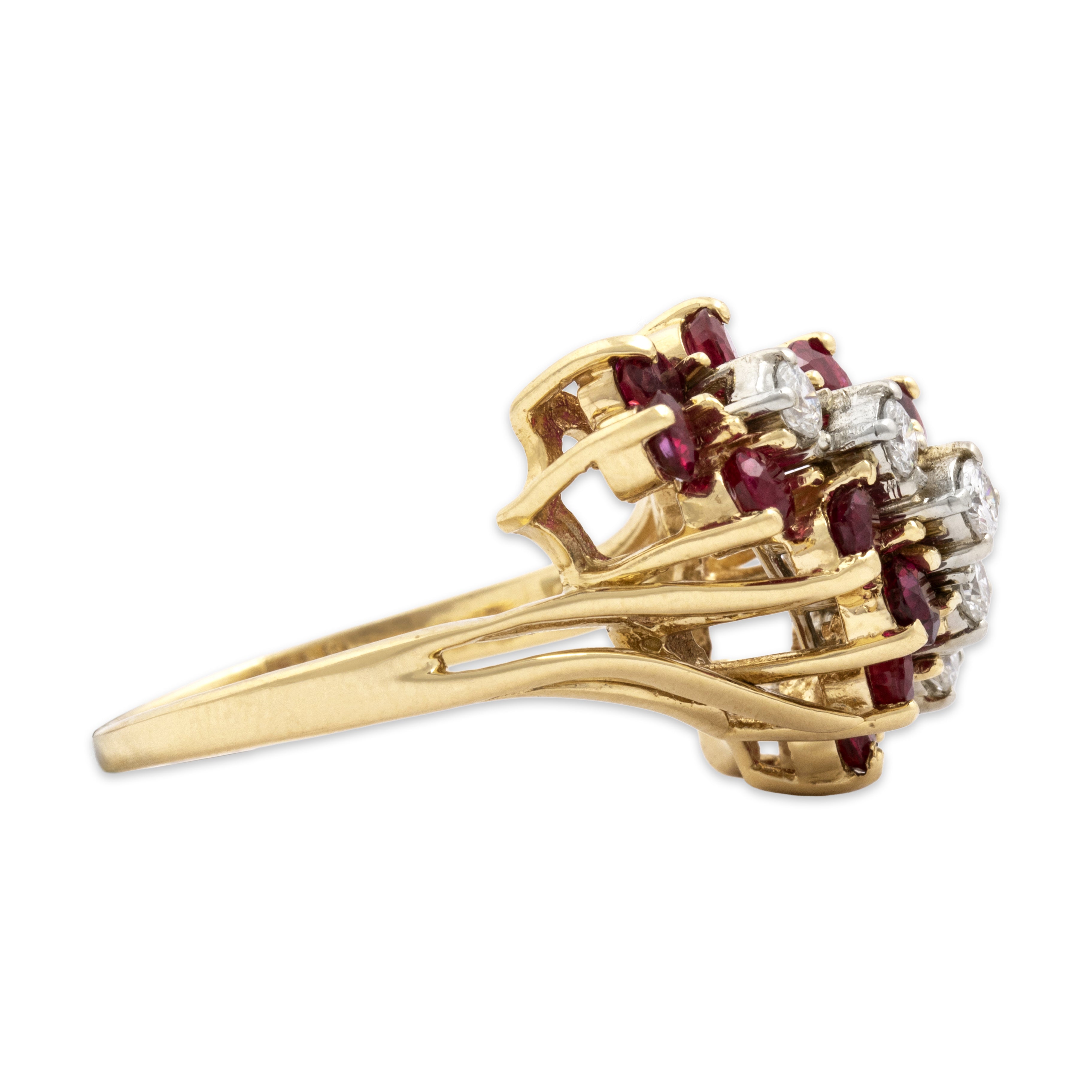 Vintage 14k Yellow Gold 1.63cttw Ruby Diamond Tall Flowing Wave Ring - Side view