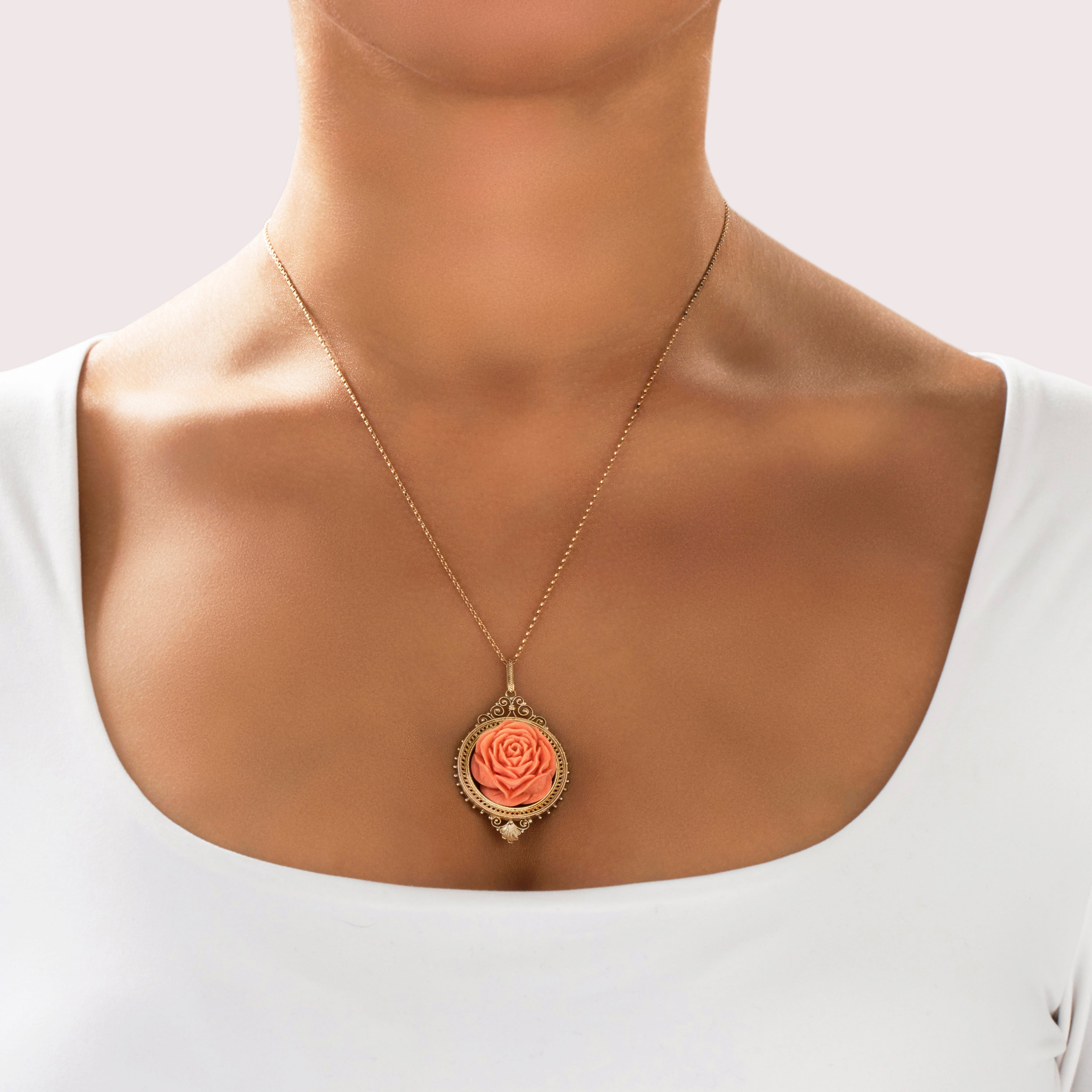 Antique Victorian Large 14k Yellow Gold Coral Ornately Framed Rose Pendant - On model view