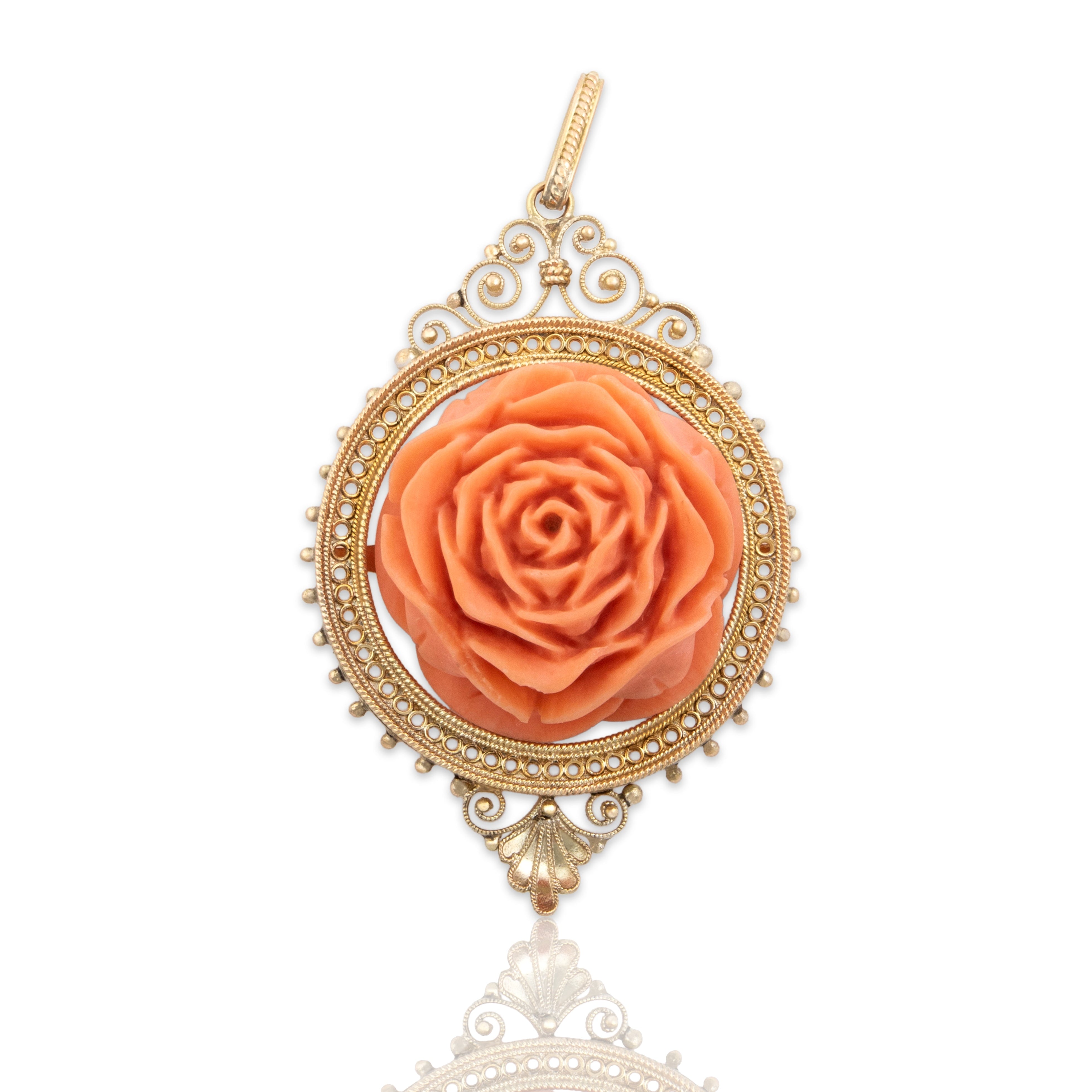 Antique Victorian Large 14k Yellow Gold Coral Ornately Framed Rose Pendant - Close-up view